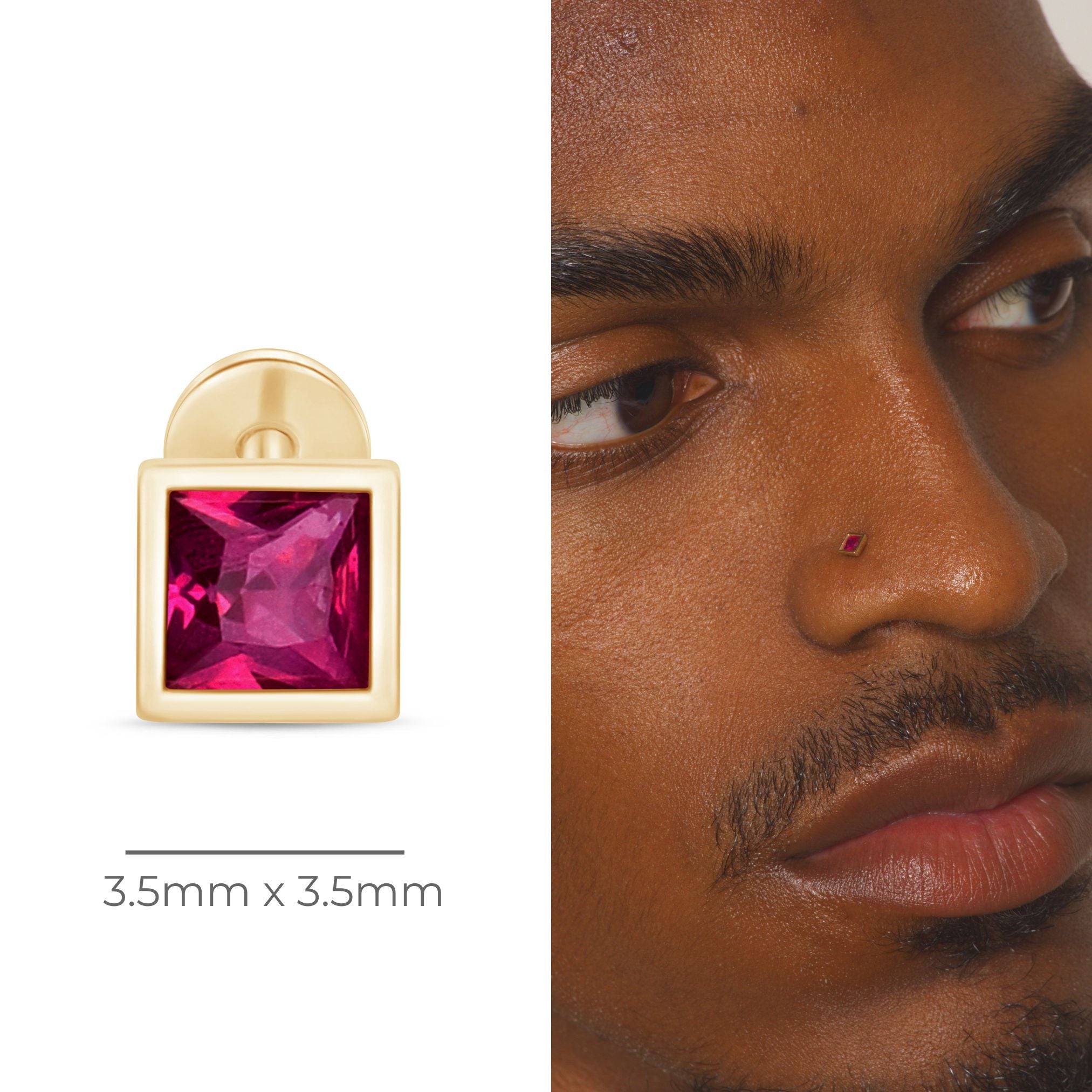 Princess Cut Pink Ruby Flat Back Stud Bezel Set in Solid 14k Yellow Gold
