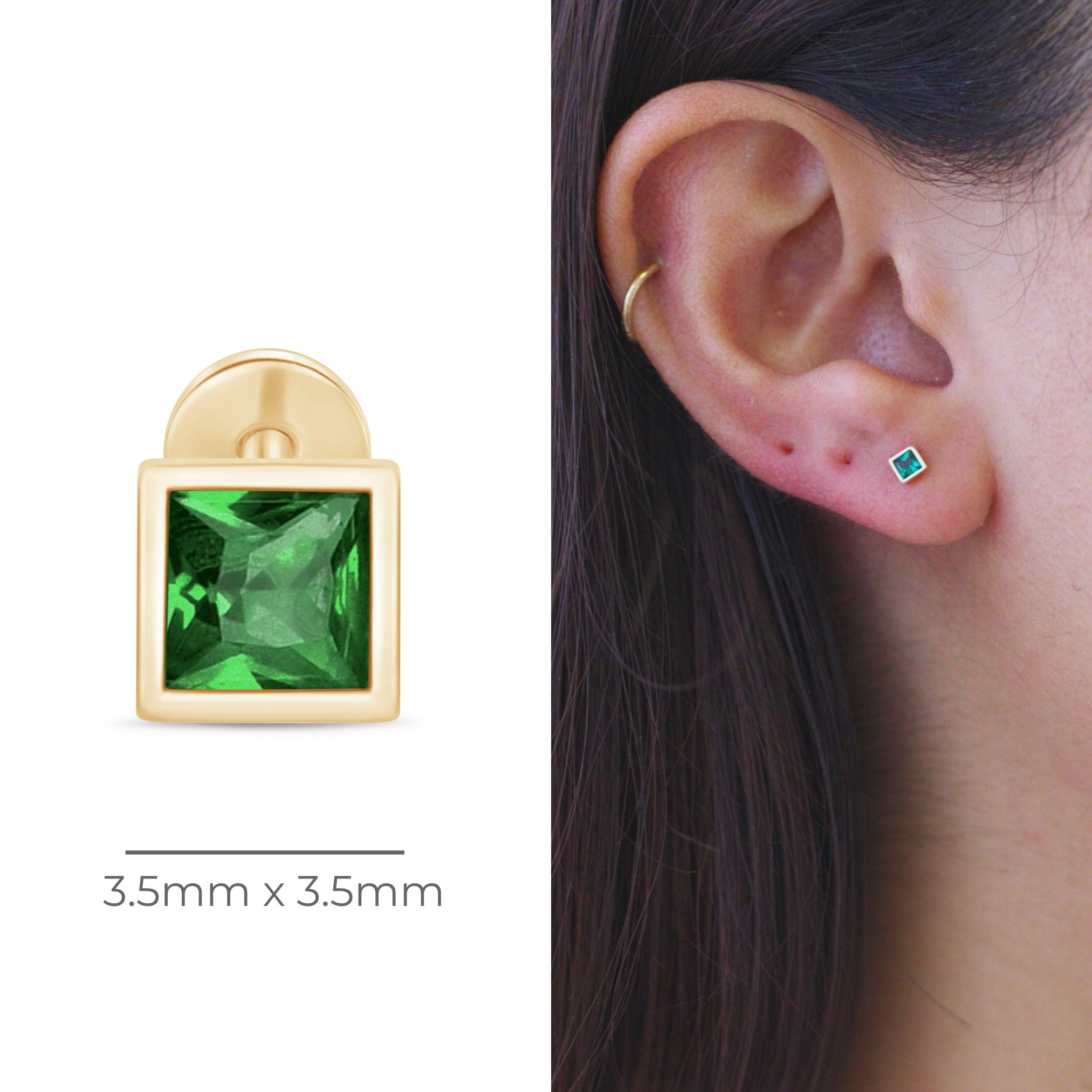Princess Cut Emerald Flat Back Stud Bezel Set in Solid 14k Yellow Gold