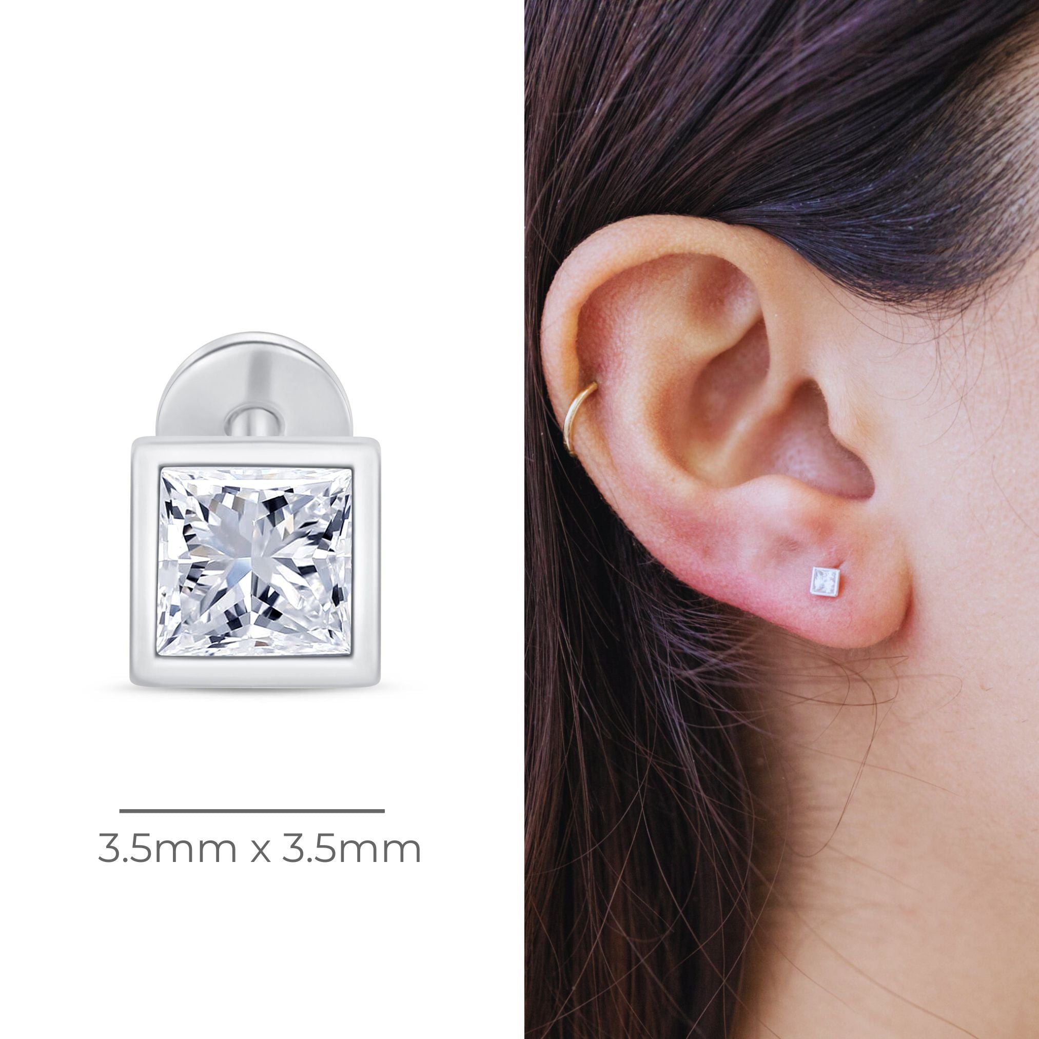Princess Cut Gemstone Flat Back Stud Bezel Set in Solid 14k White Gold