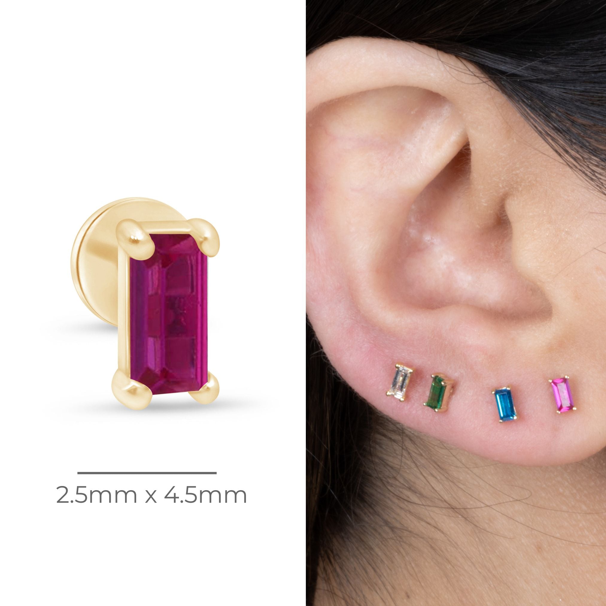 Ruby Baguette Flat Back Stud in Solid 14k Yellow Gold
