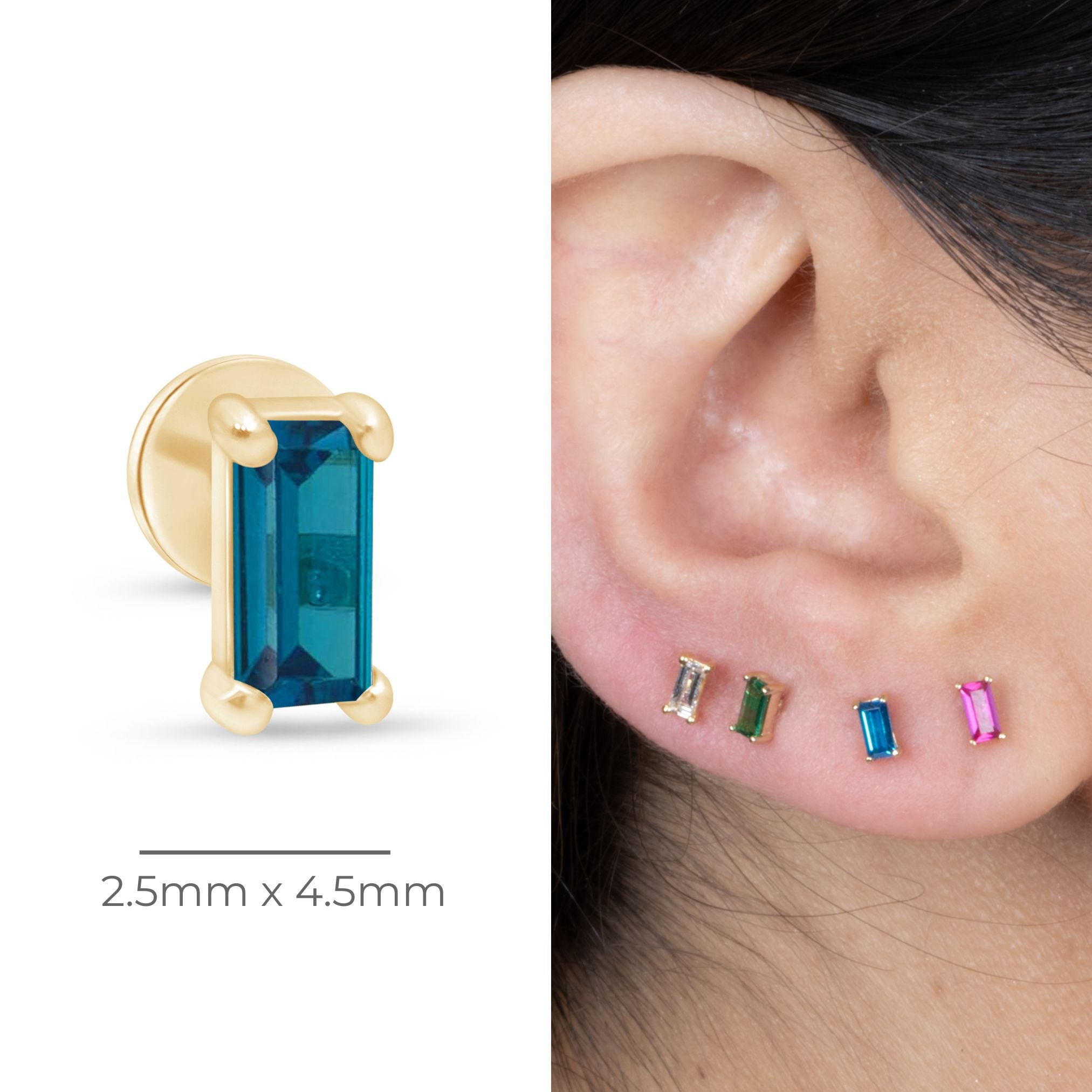 Blue Topaz Baguette Flat Back Stud in Solid 14k Yellow Gold