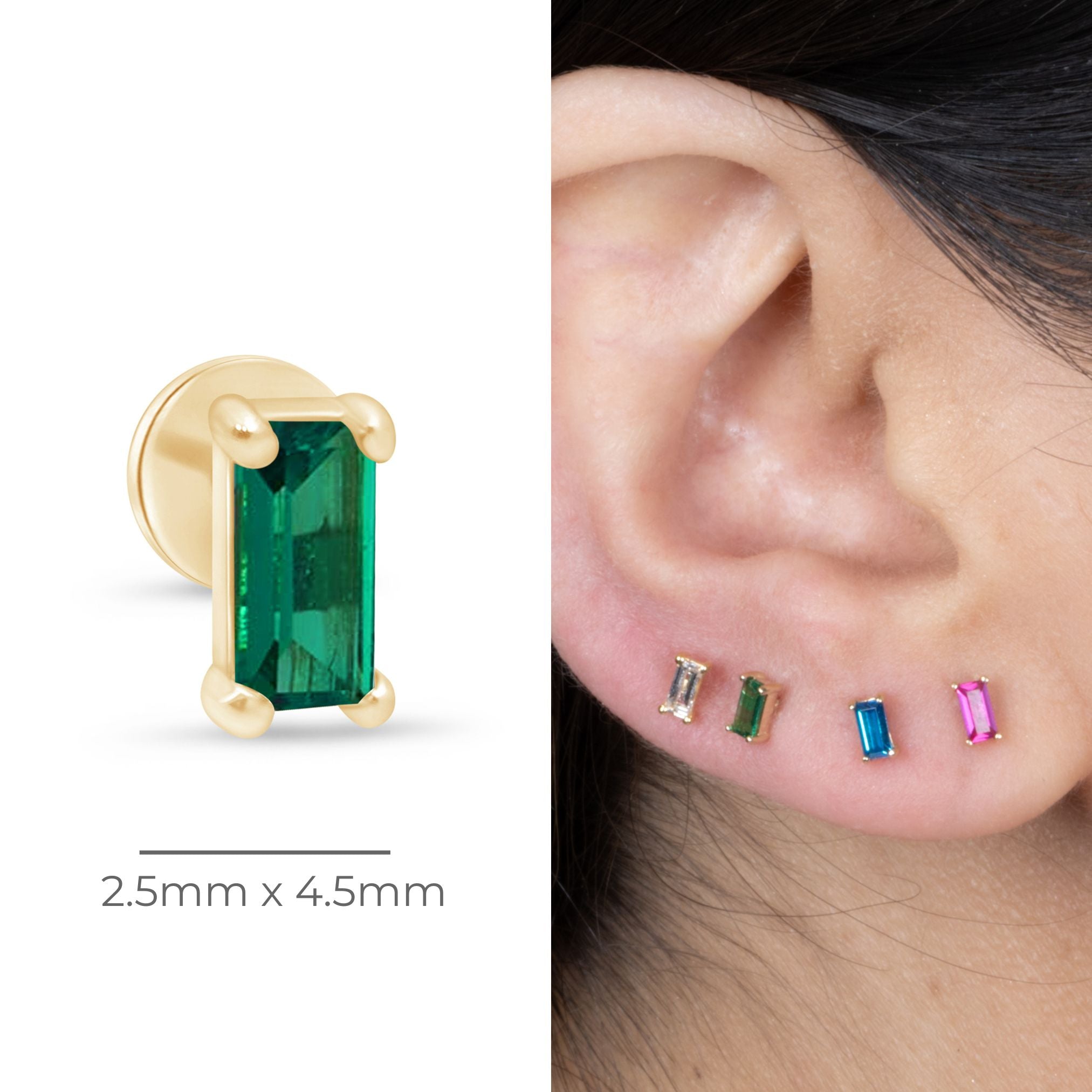 Emerald Baguette Flat Back Stud in Solid 14k Yellow Gold