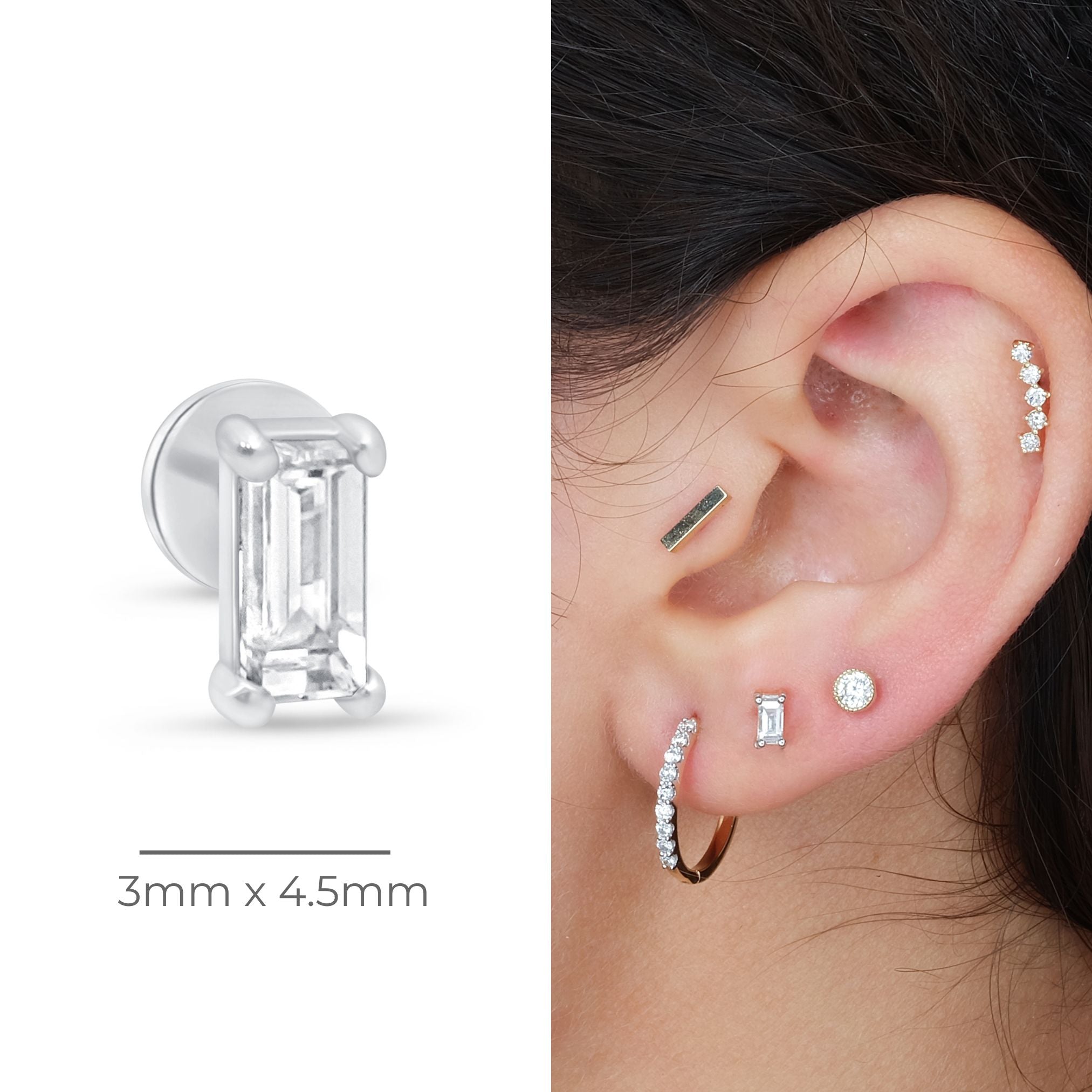 Diamond Baguette Flat Back Stud in Solid 14k White Gold