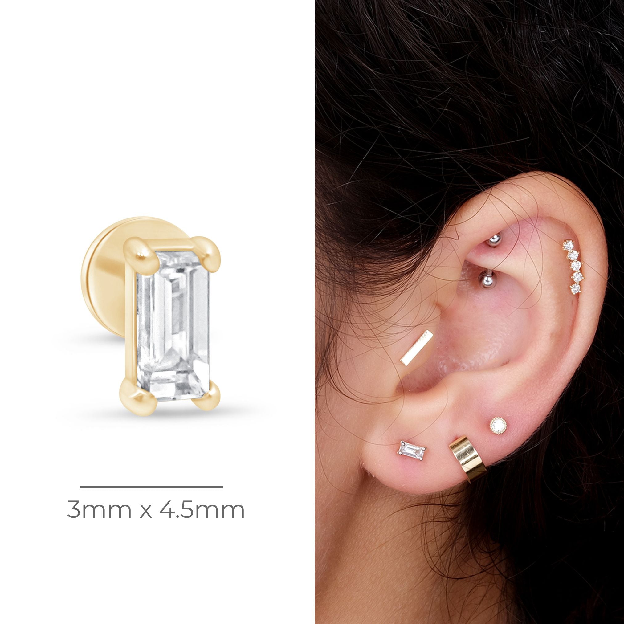 Diamond Baguette Flat Back Stud in Solid 14k Yellow Gold