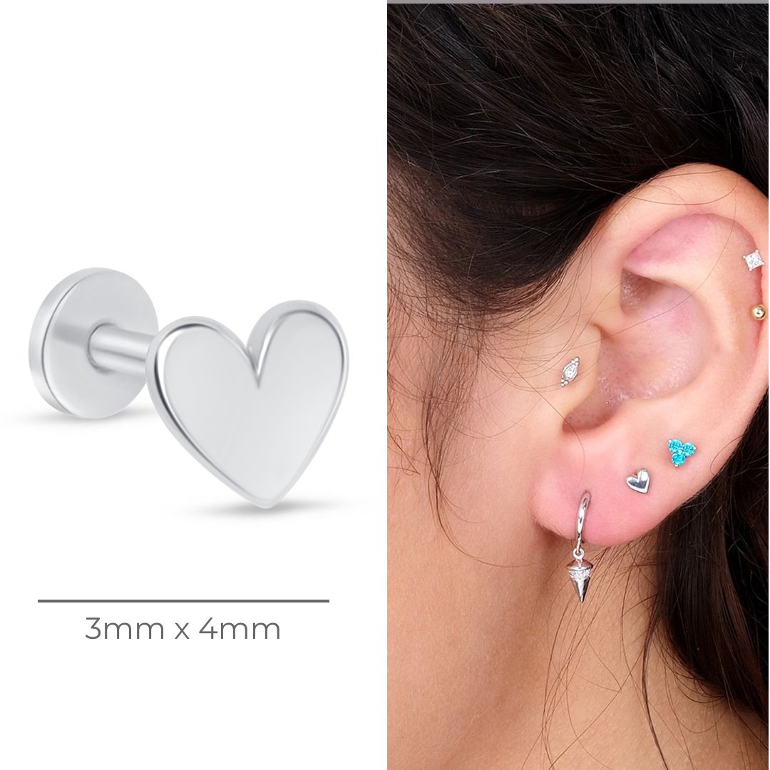 Minimalist Heart Flat Back Stud in Solid 14k White Gold