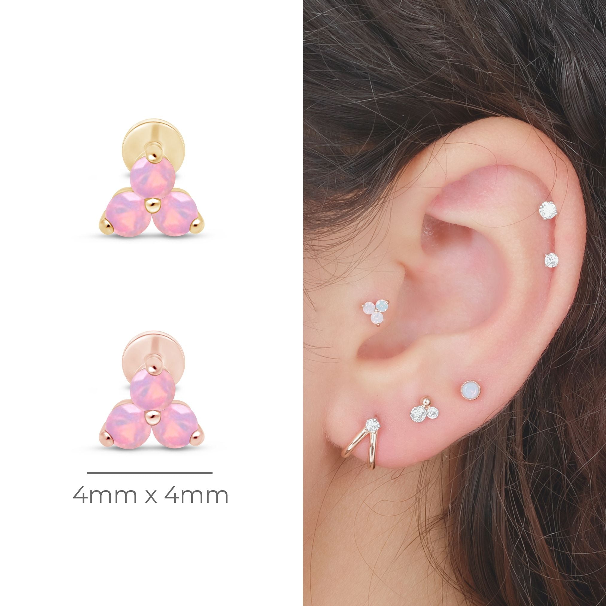 Pink Opal Trinity Cluster Flat Back Stud in Solid 14k Yellow Gold