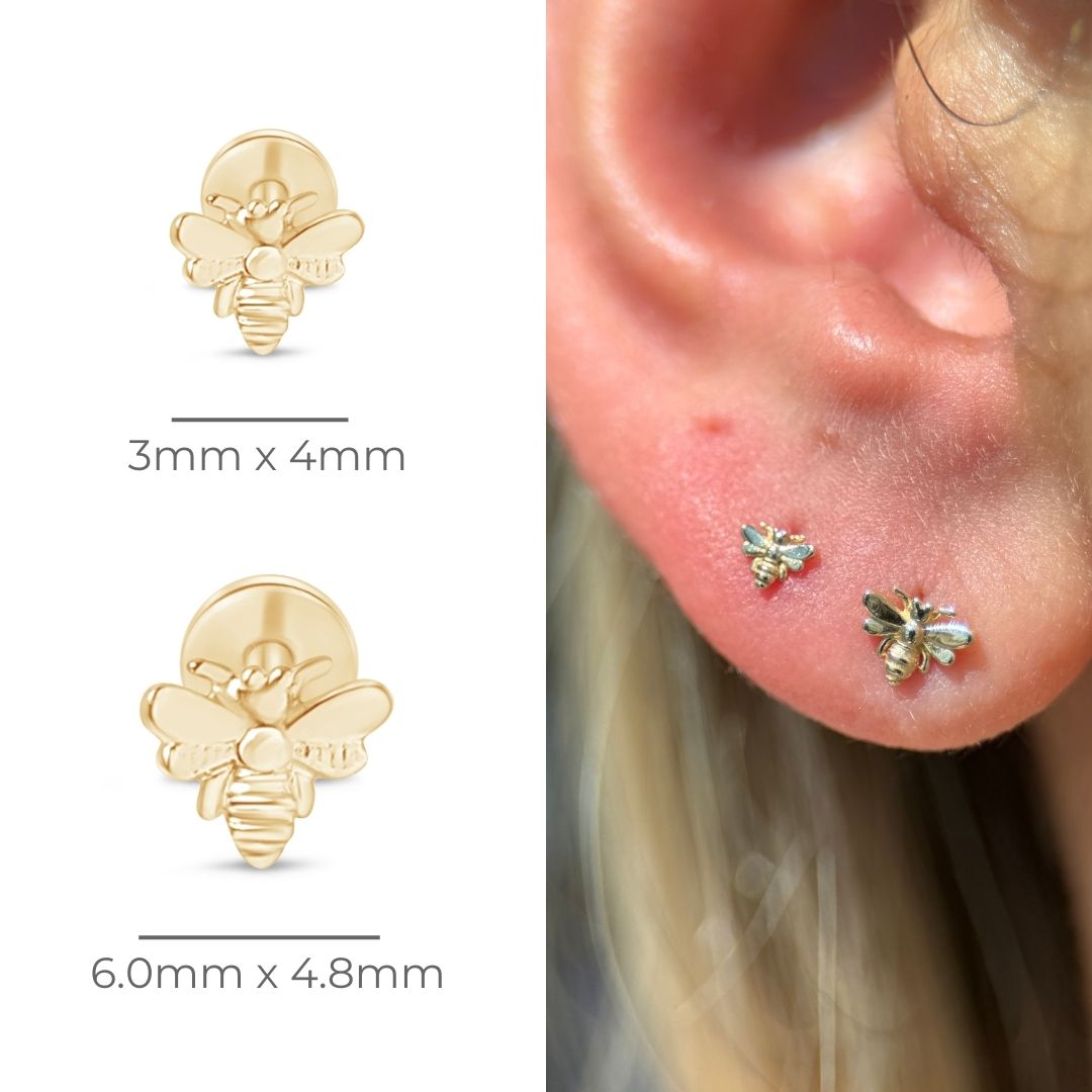 Minimalist Bee Flat Back Stud in Solid 14k Yellow Gold