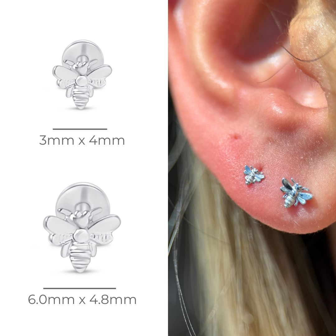Minimalist Bee Flat Back Stud in Solid 14k White Gold
