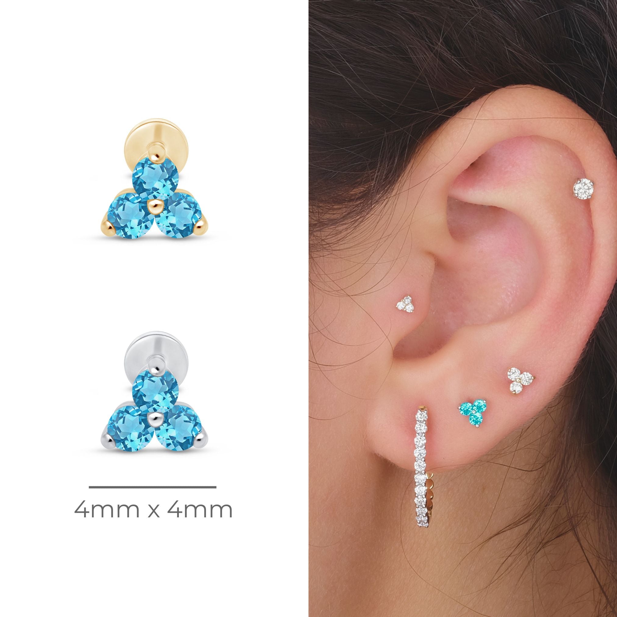 Aquamarine Trinity Cluster Flat Back Stud in Solid 14k White Gold