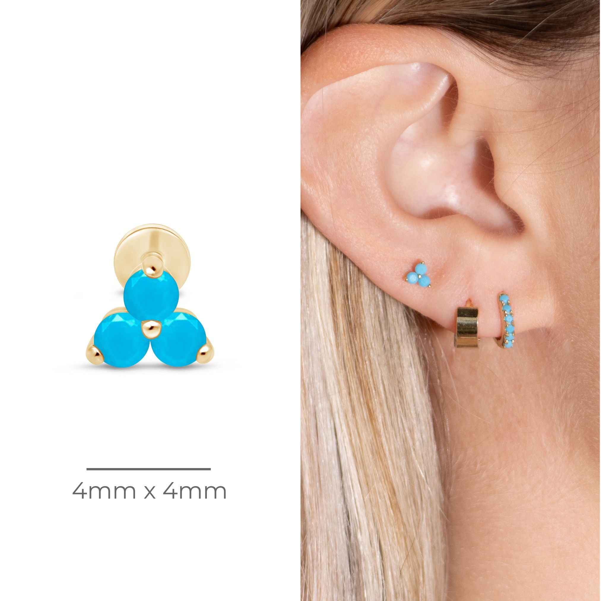 Turquoise Trinity Cluster Flat Back Stud  in Solid 14k Yellow Gold