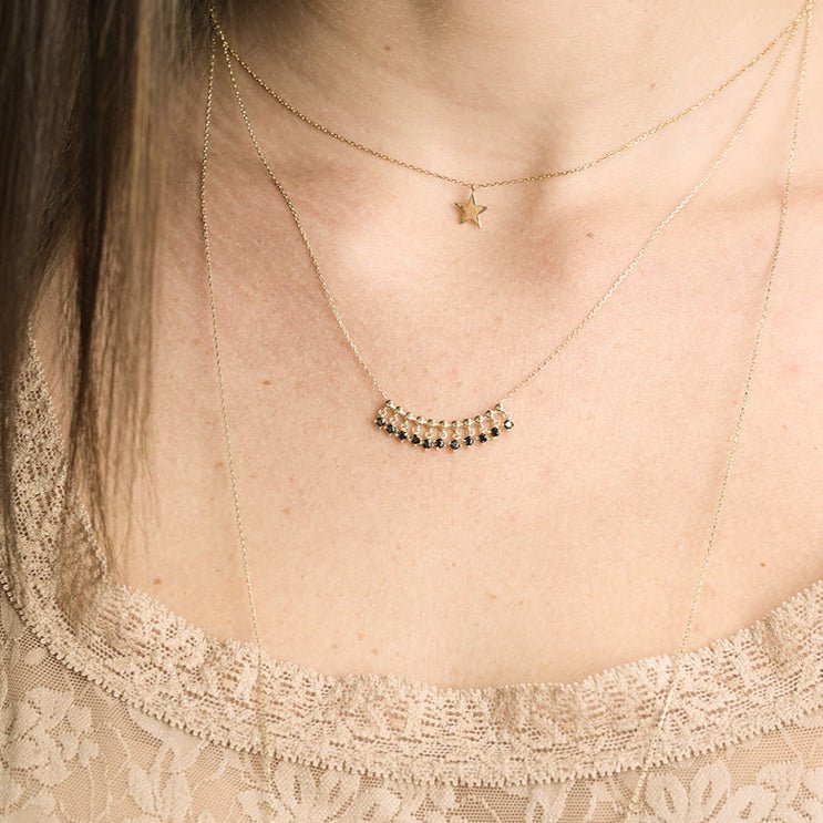 Black Onyx Fringe Necklace in Solid 14k Yellow Gold