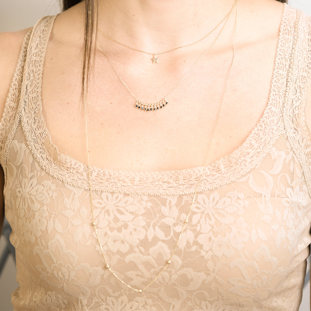 Black Onyx Fringe Necklace in Solid 14k Yellow Gold