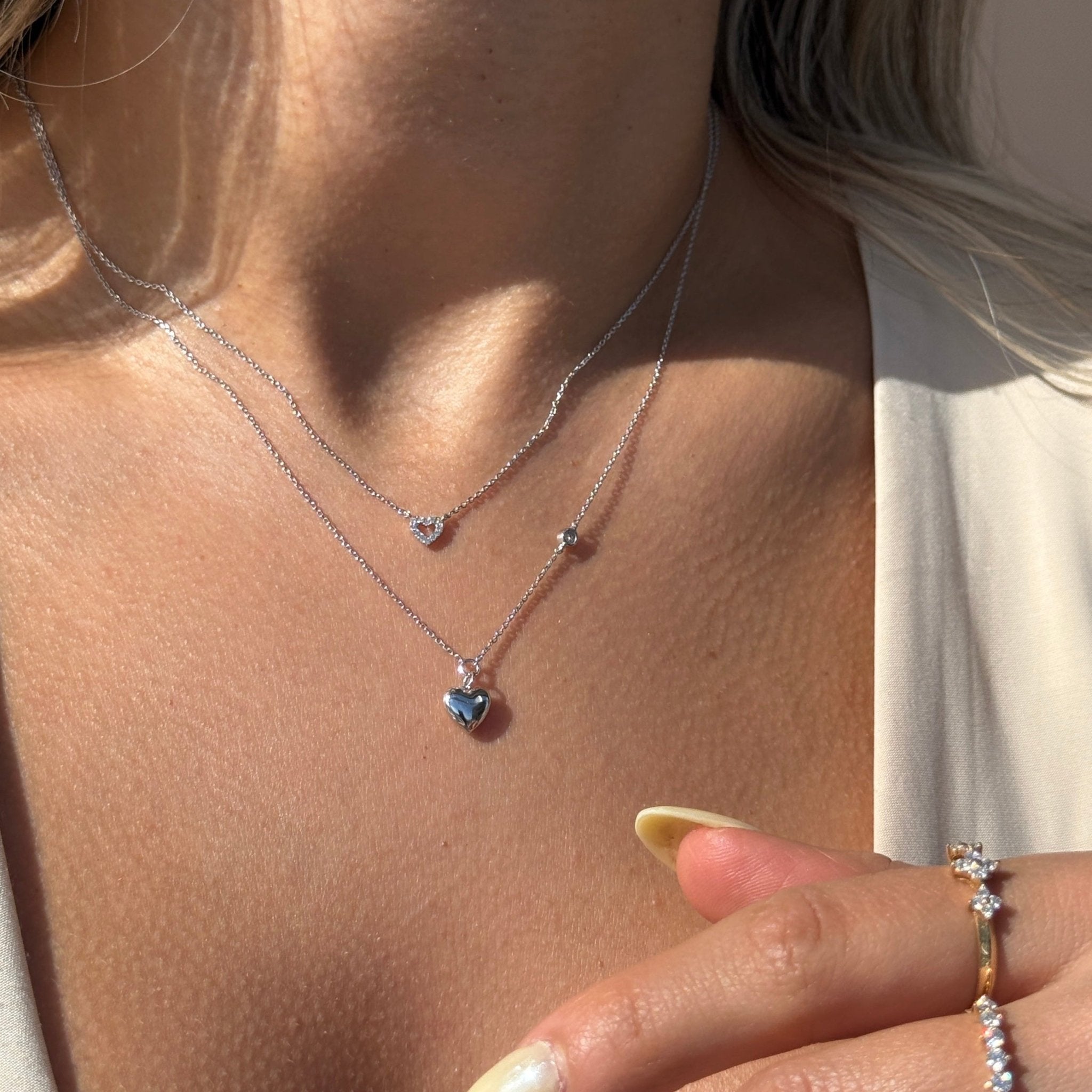 Bubble Heart and Diamond Station Necklace in Solid 14k White Gold