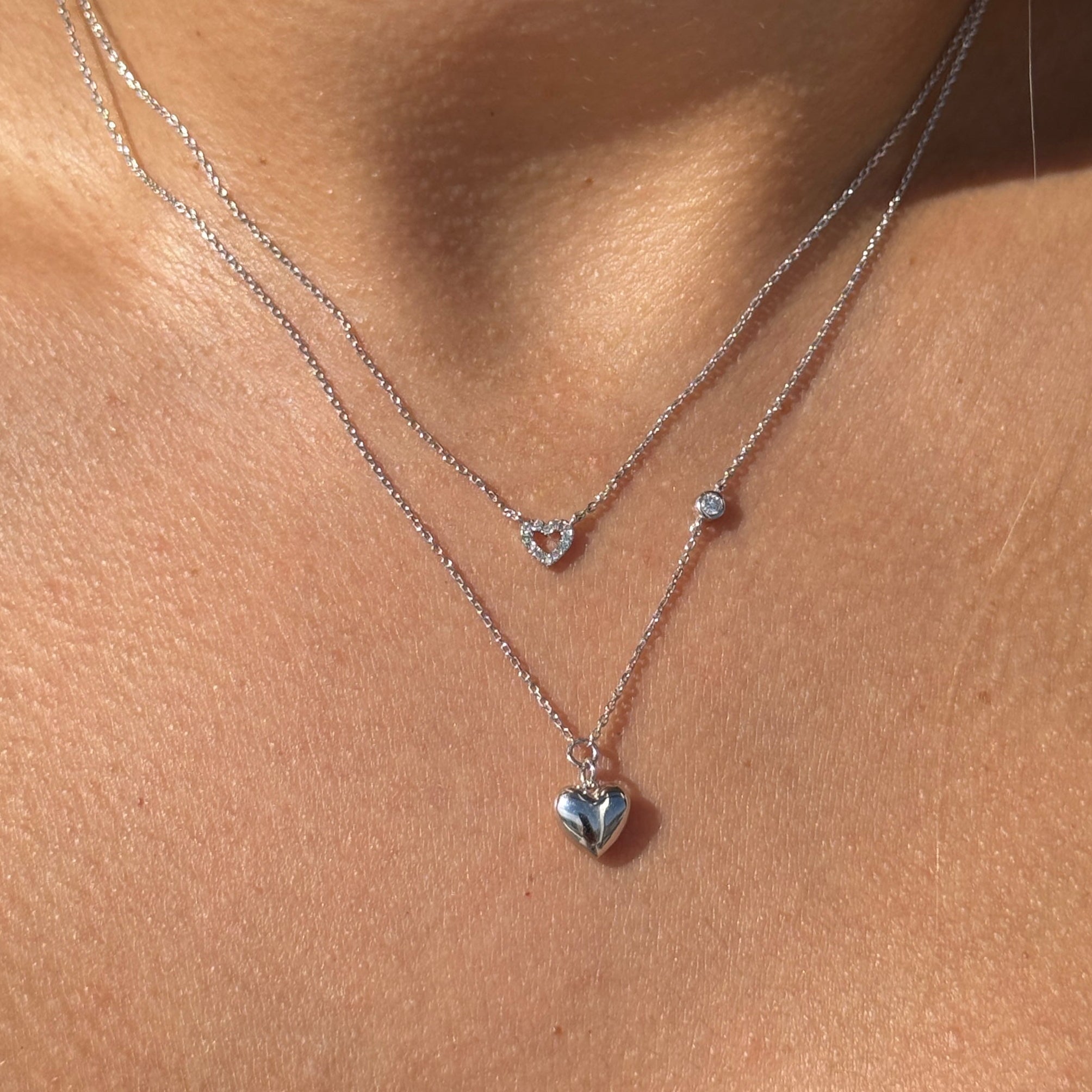Bubble Heart and Diamond Station Necklace in Solid 14k White Gold