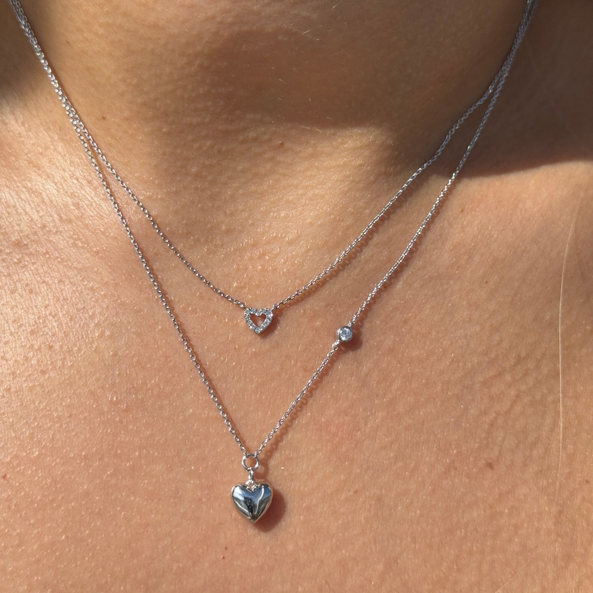 Bubble Heart and Diamond Station Necklace in Solid 14k White Gold