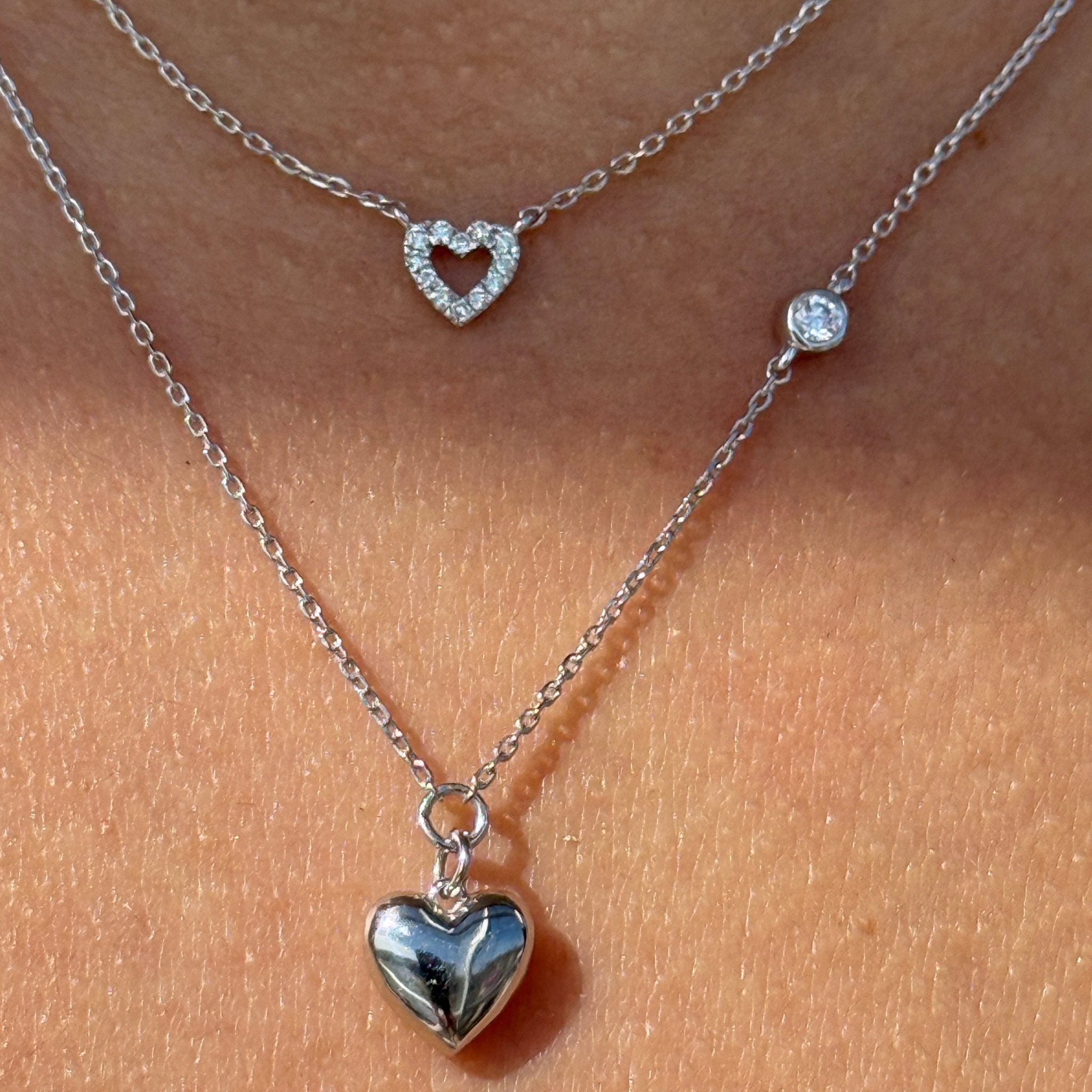 Bubble Heart and Diamond Station Necklace in Solid 14k White Gold