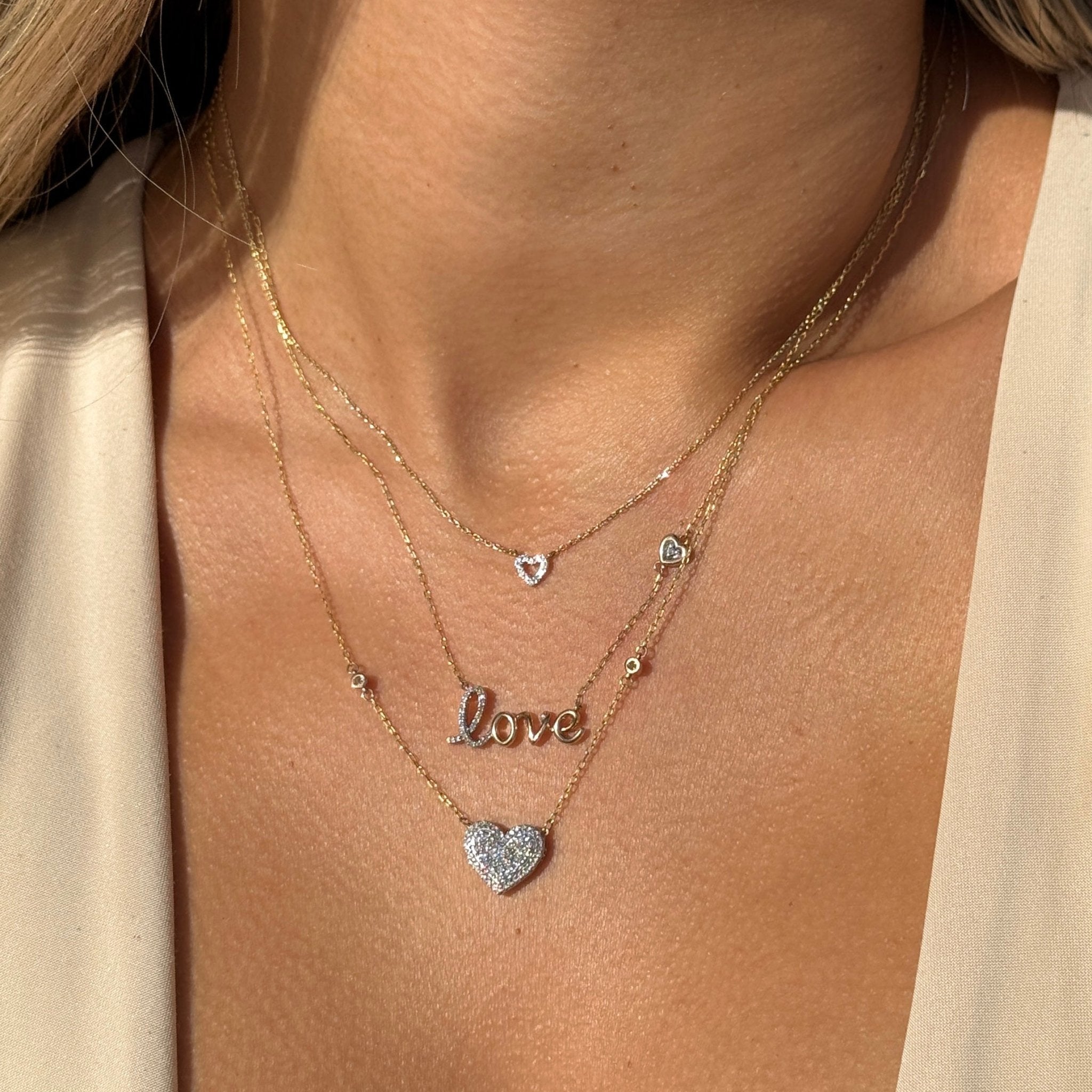 Diamond Heart Station Necklace in Solid 14k Yellow Gold