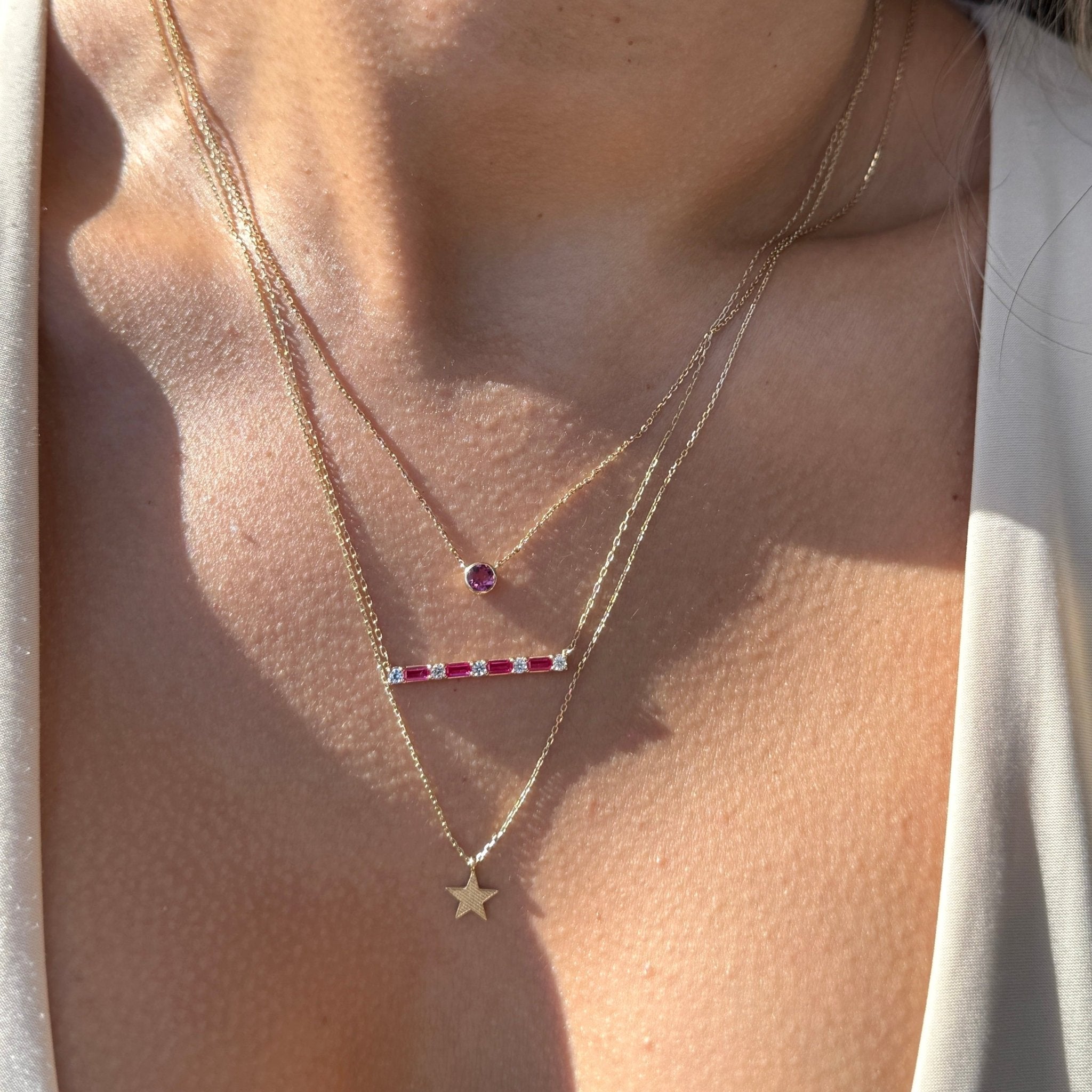 Alternating Emerald Cut Ruby and Round White Sapphire Bar Necklace in Solid 10k Yellow Gold