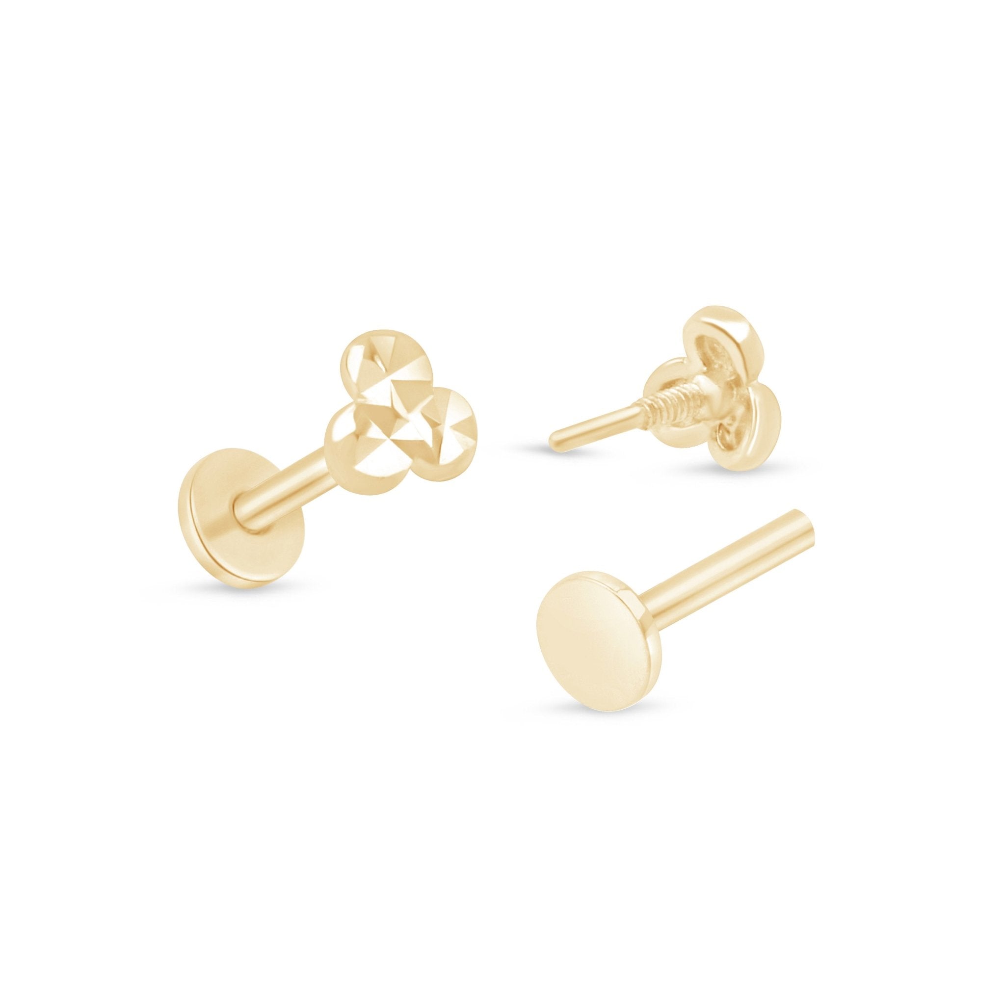 Diamond Cut Solid 14k Yellow Gold Trinity Flat Back Stud