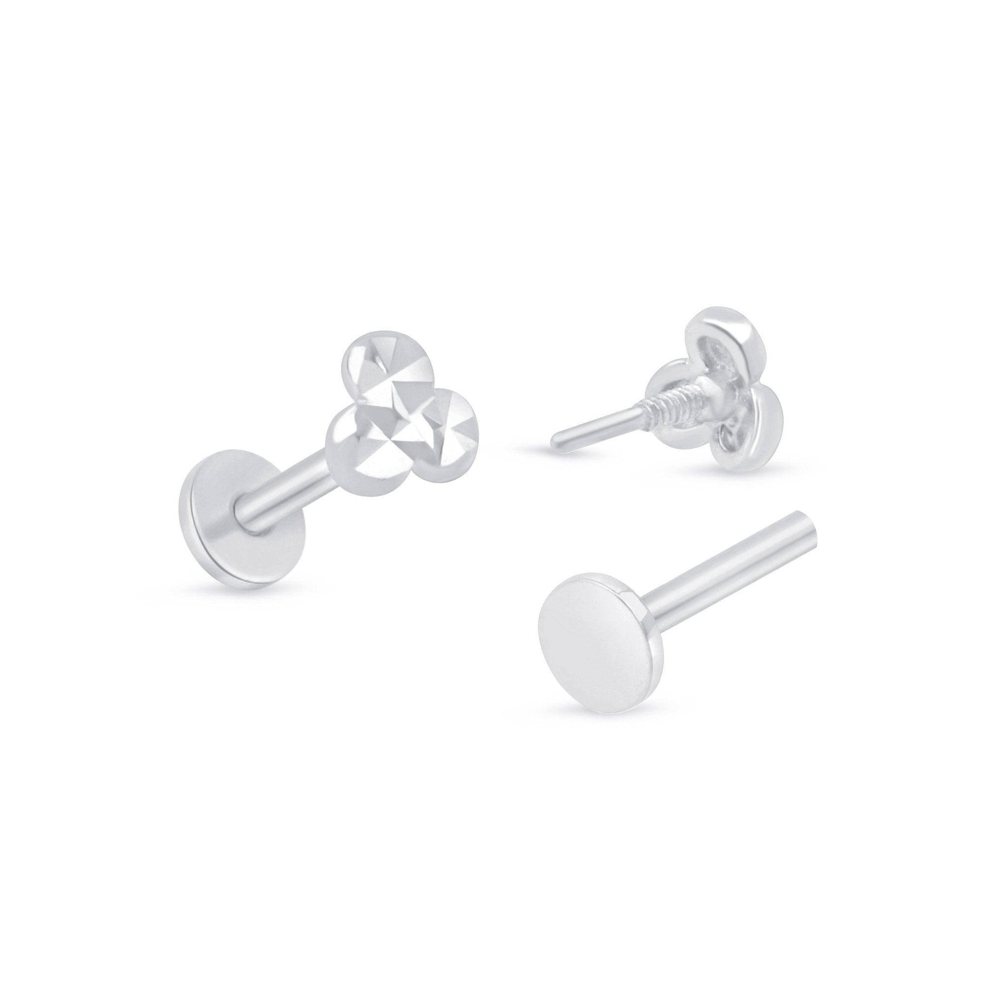 Diamond Cut Solid 14k White Gold Trinity Flat Back Stud