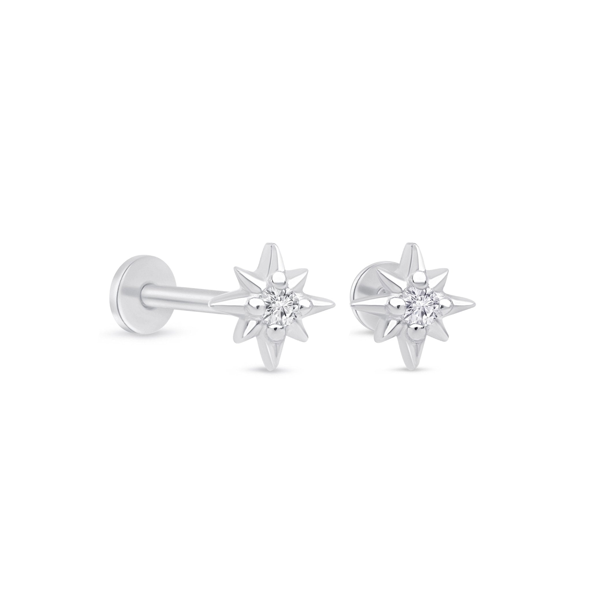 Gemstone Starburst Flat Back Stud in Solid 14k White Gold