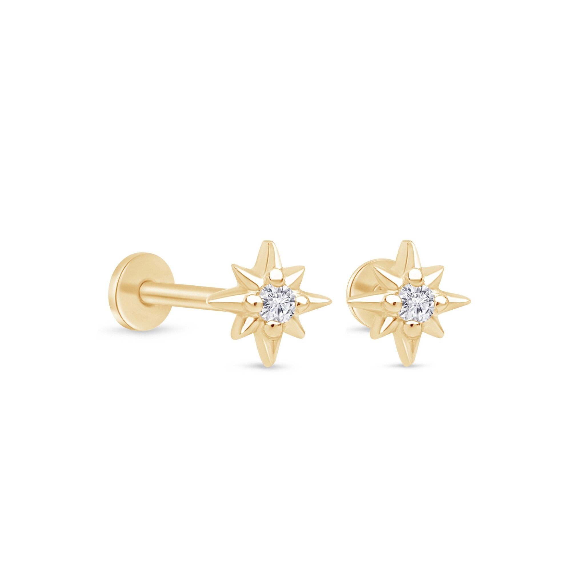 Gemstone Starburst Flat Back Stud in Solid 14k Yellow Gold