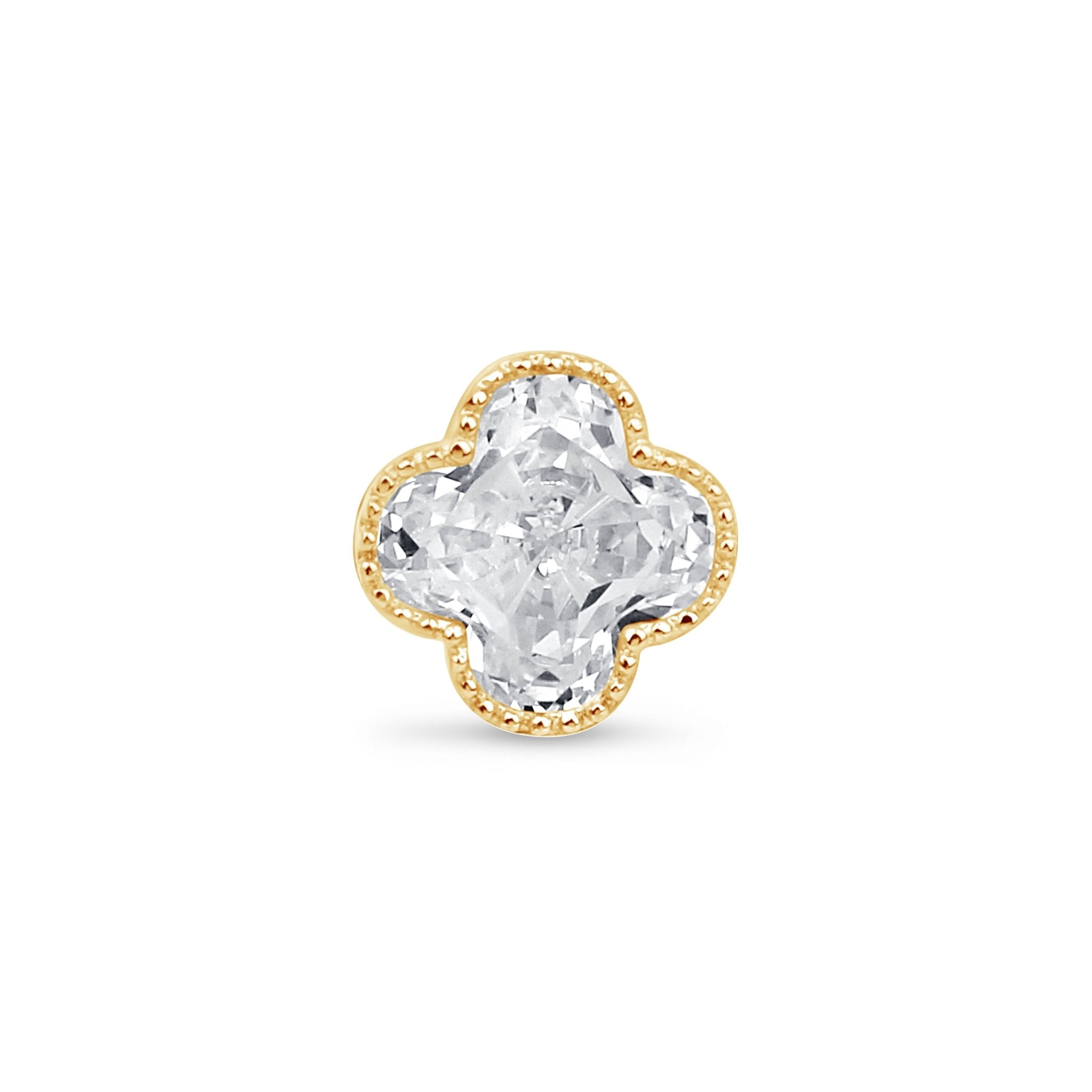 Gemstone Clover Flat Back Stud Milgrain Set in Solid 14k Yellow Gold