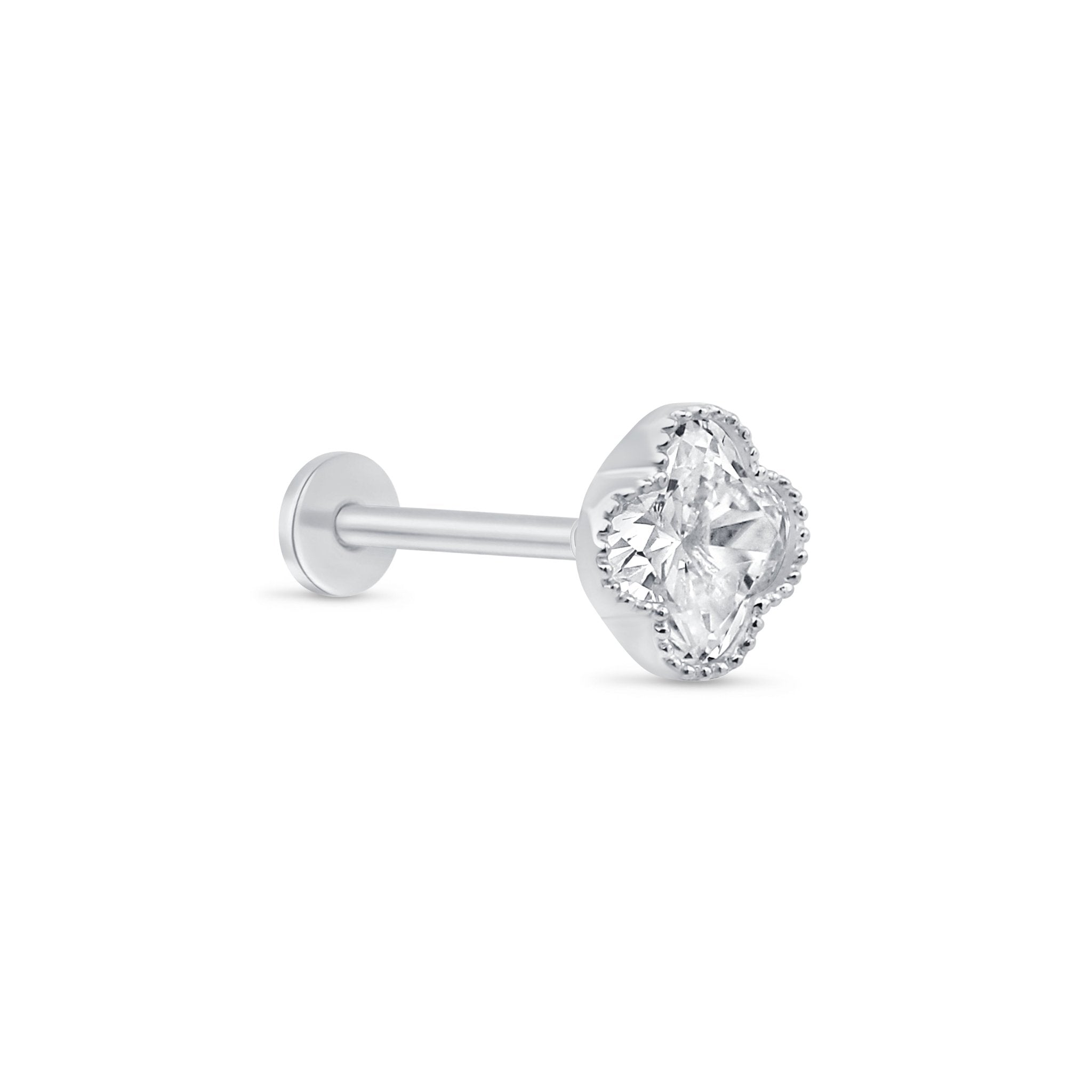 Gemstone Clover Flat Back Stud Milgrain Set in Solid 14k White Gold