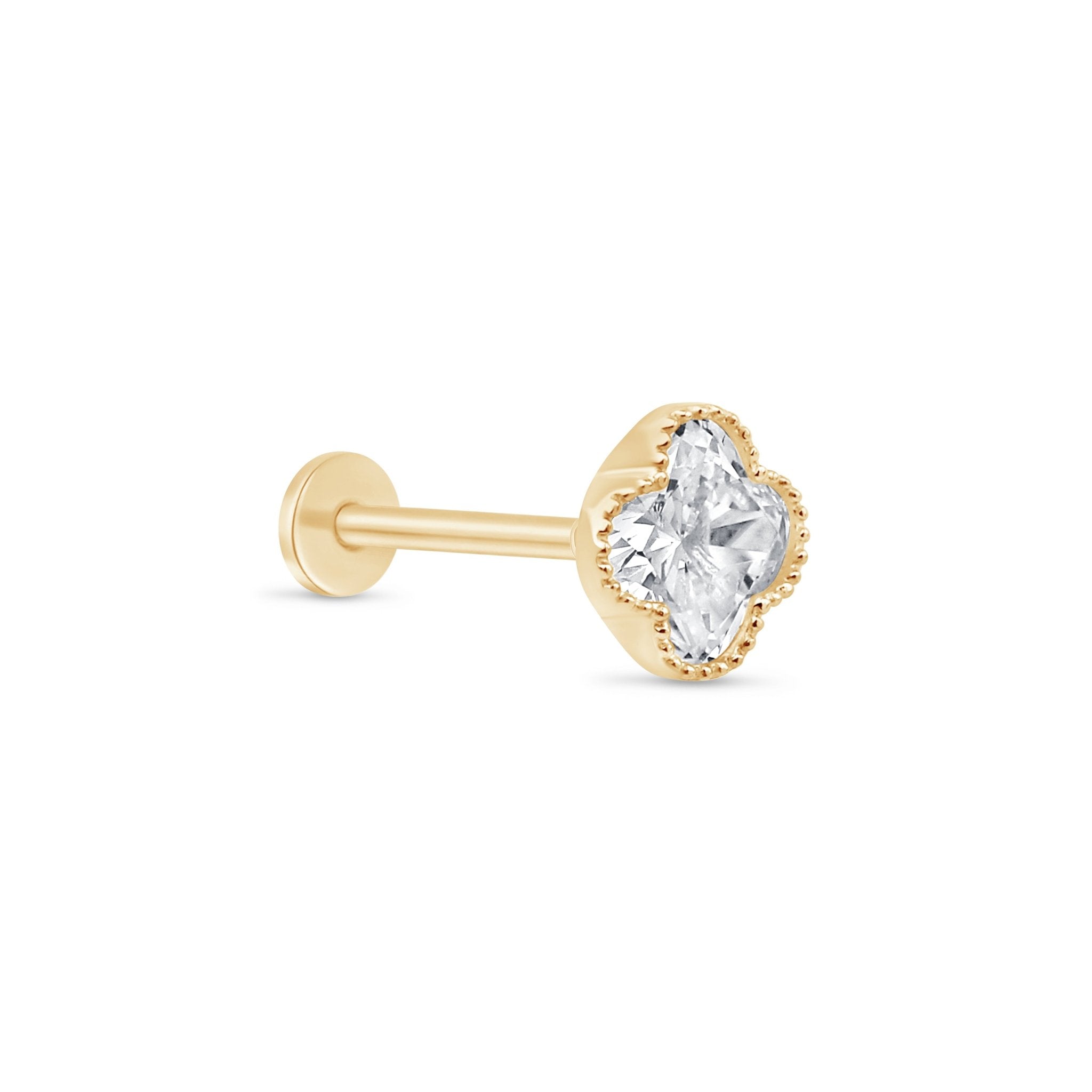 Gemstone Clover Flat Back Stud Milgrain Set in Solid 14k Yellow Gold
