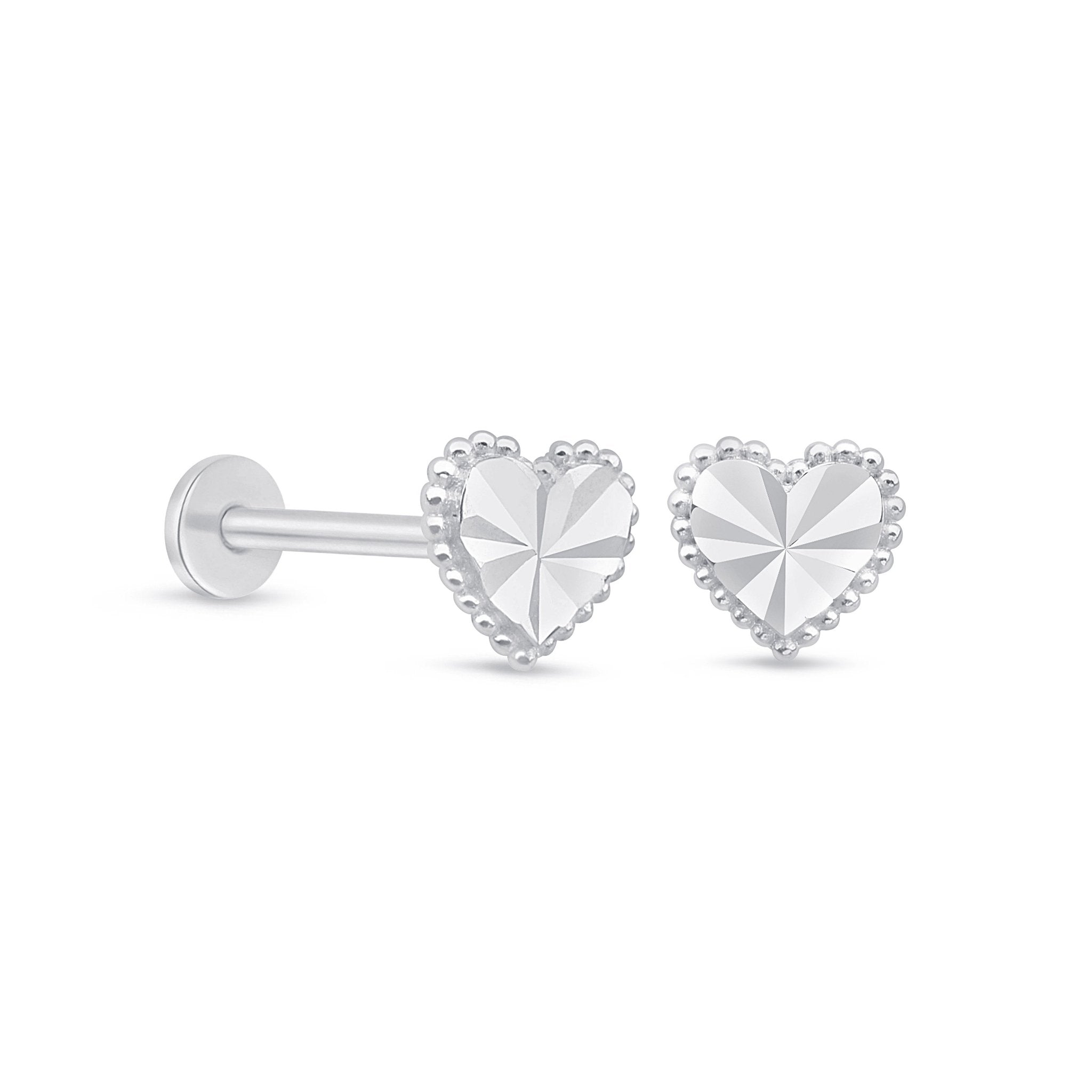 Diamond Cut Solid 14k White Gold Heart Flat Back Stud