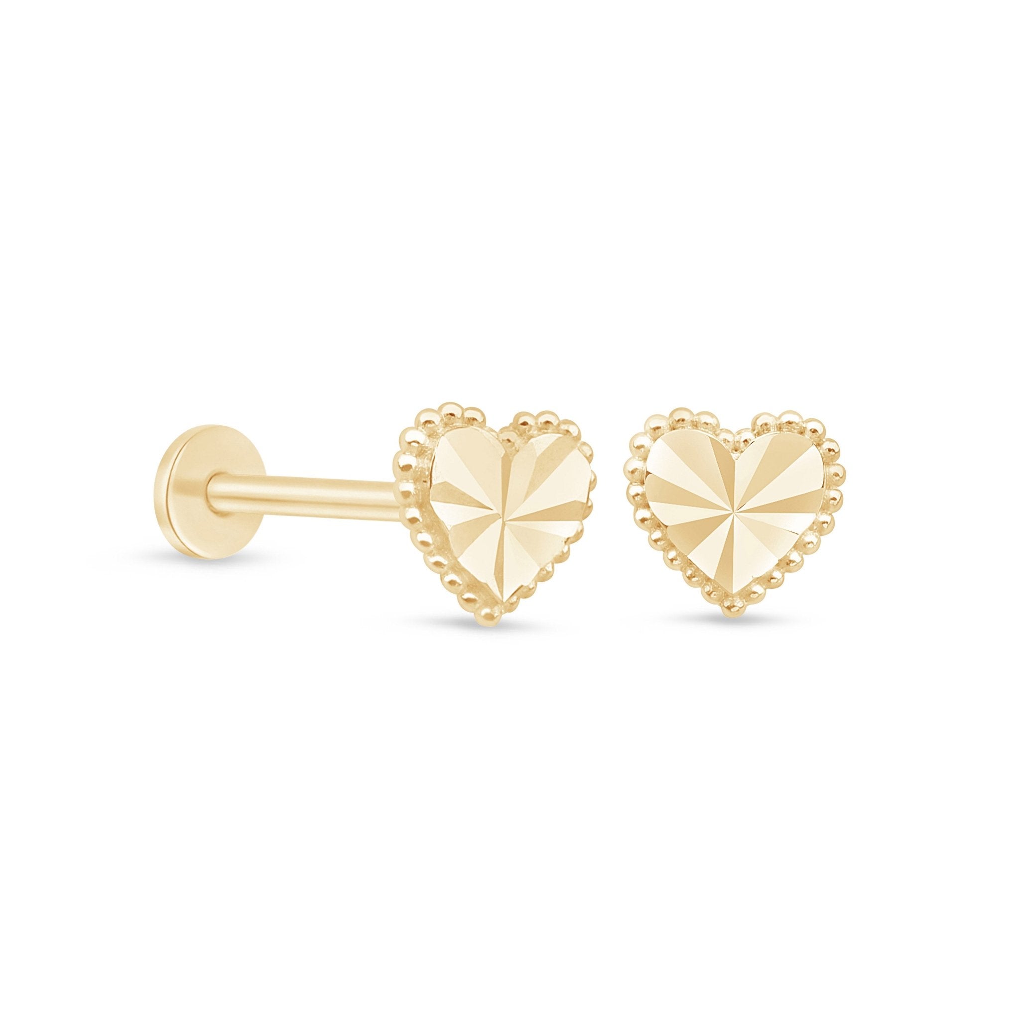 Diamond Cut Solid 14k Yellow Gold Heart Flat Back Stud
