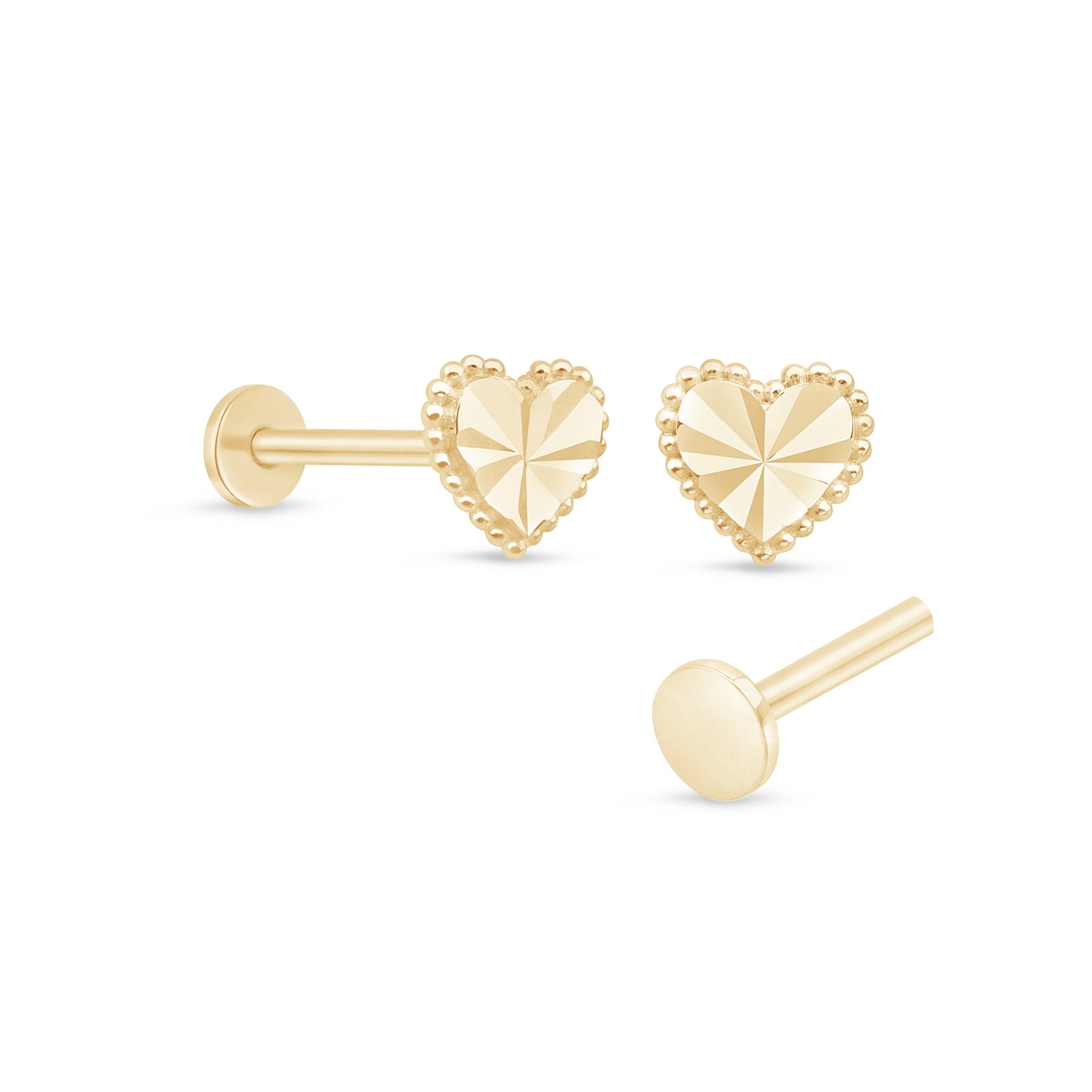 Diamond Cut Solid 14k Yellow Gold Heart Flat Back Stud