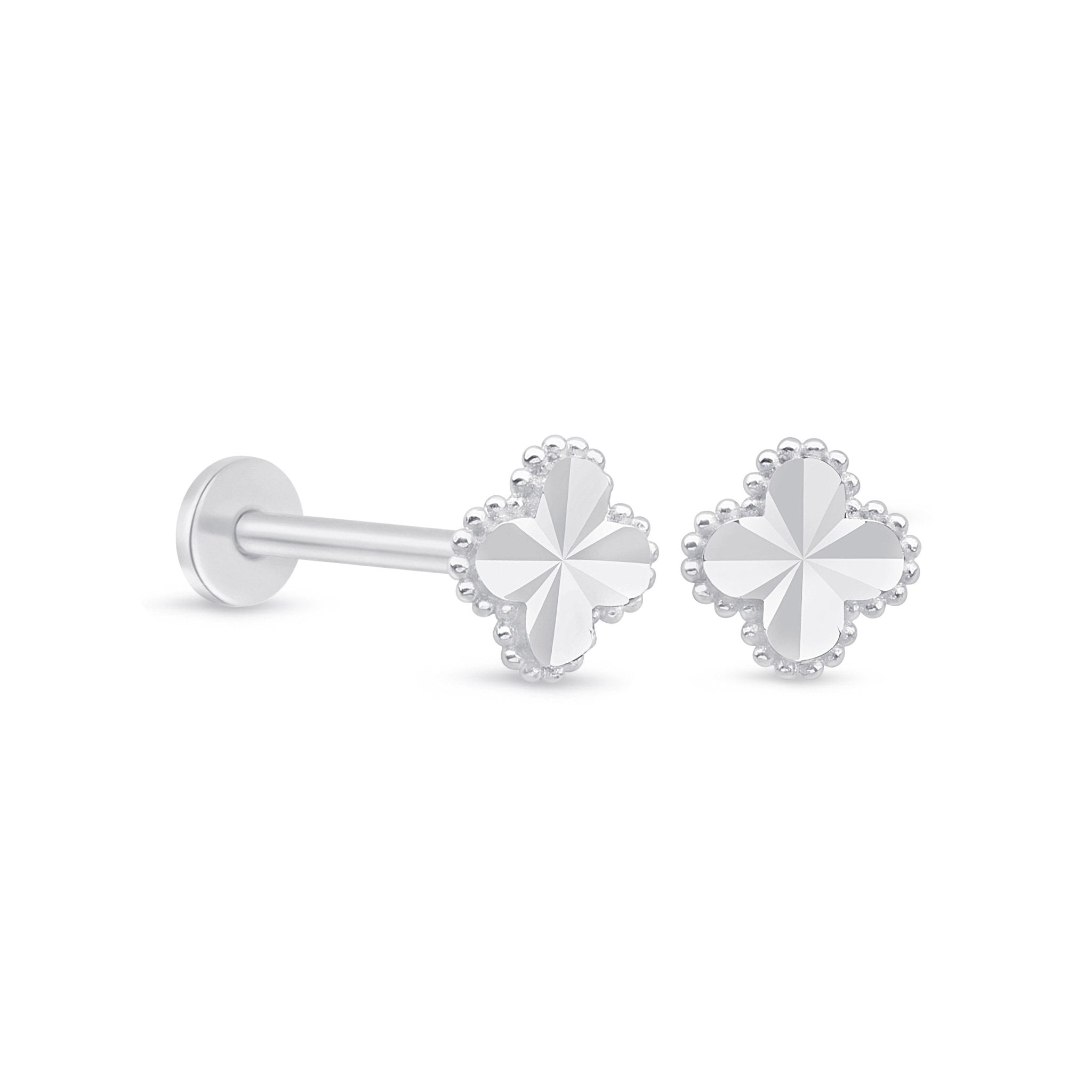 Diamond Cut Solid 14k White Gold Clover Flat Back Stud