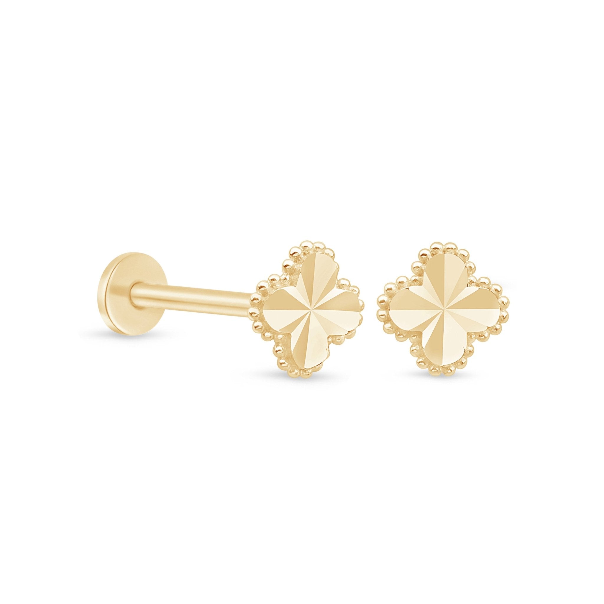 Diamond Cut Solid 14k Yellow Gold Clover Flat Back Stud