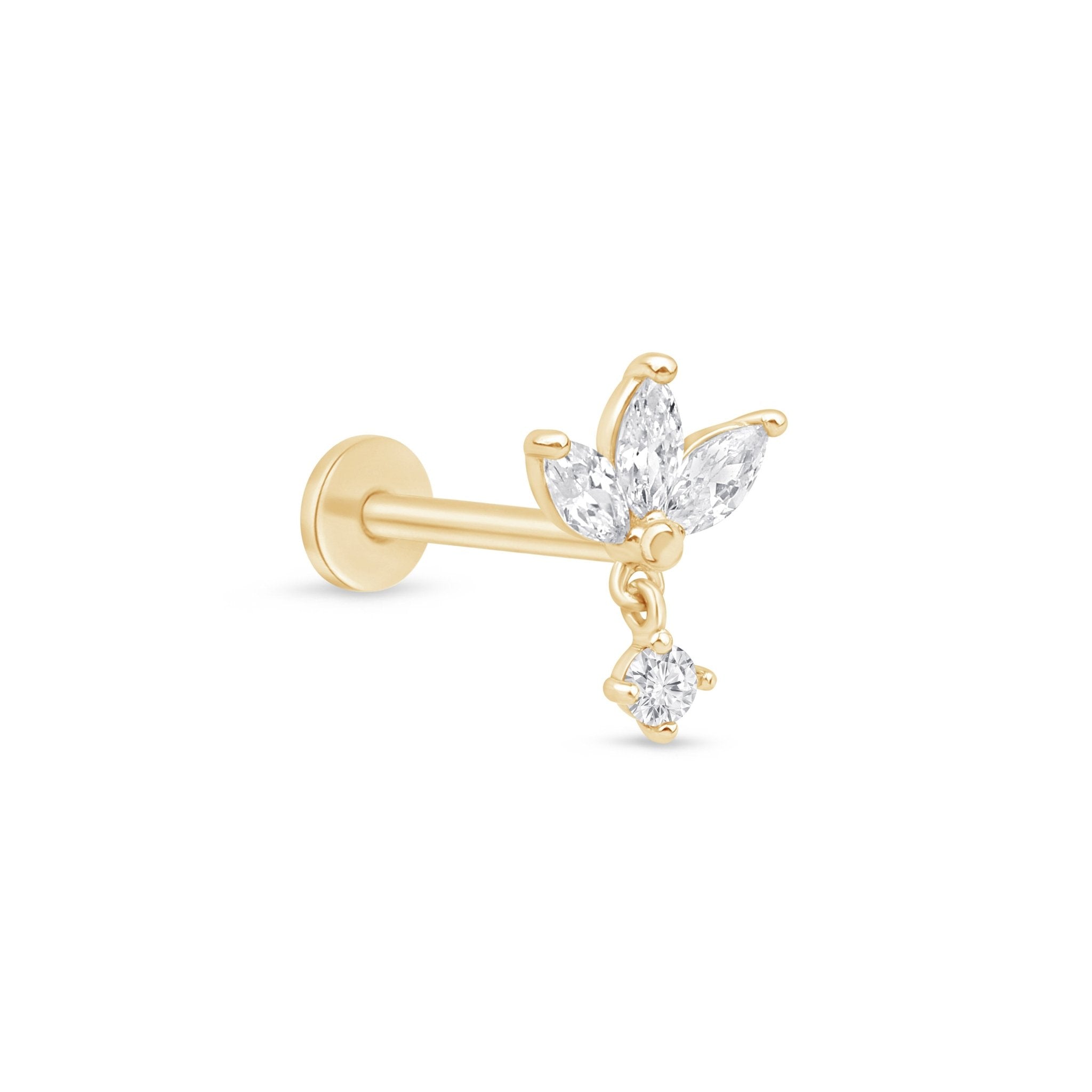 Triple Marquise Gemstone Drop Flat Back Stud in Solid 14k Yellow Gold