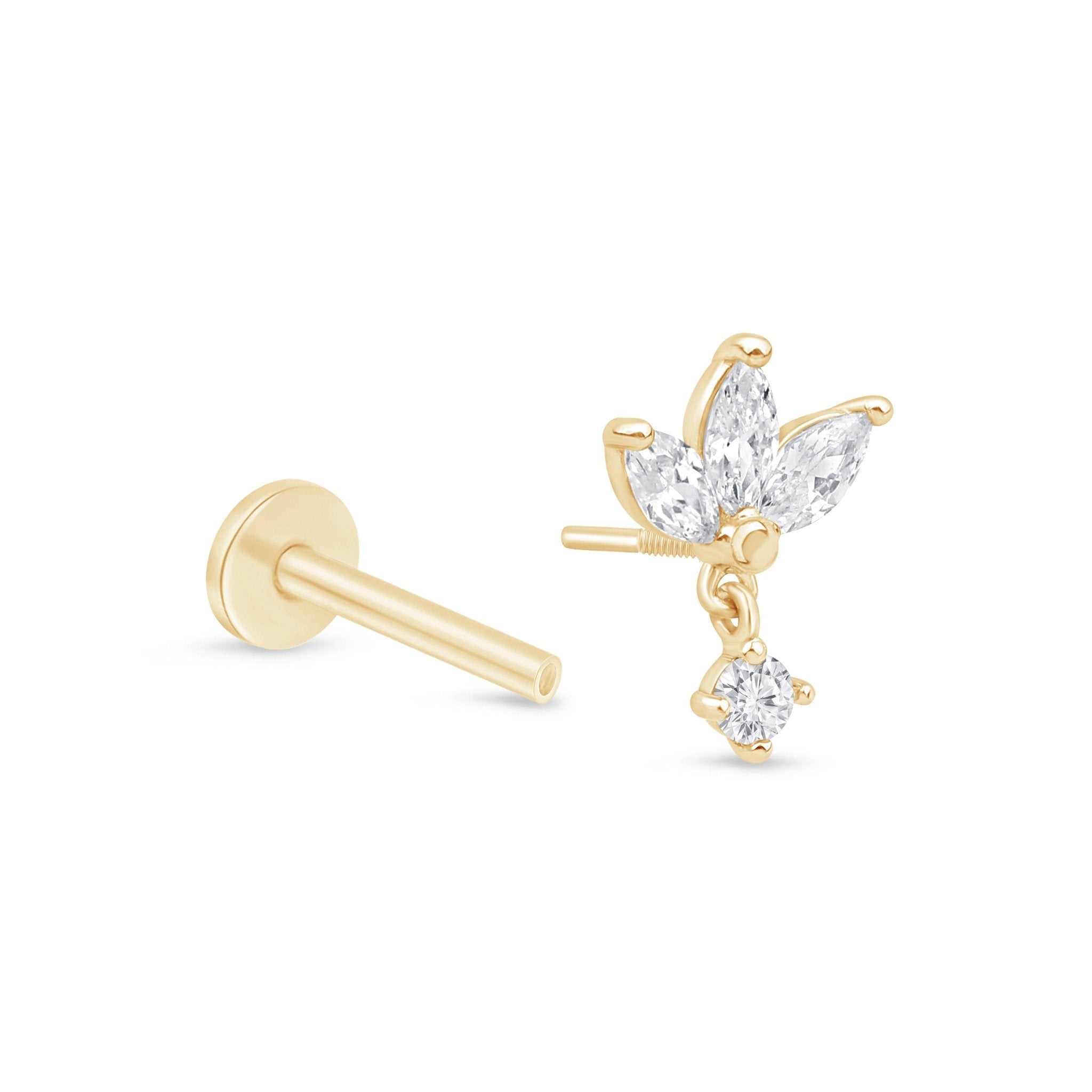 Triple Marquise Gemstone Drop Flat Back Stud in Solid 14k Yellow Gold