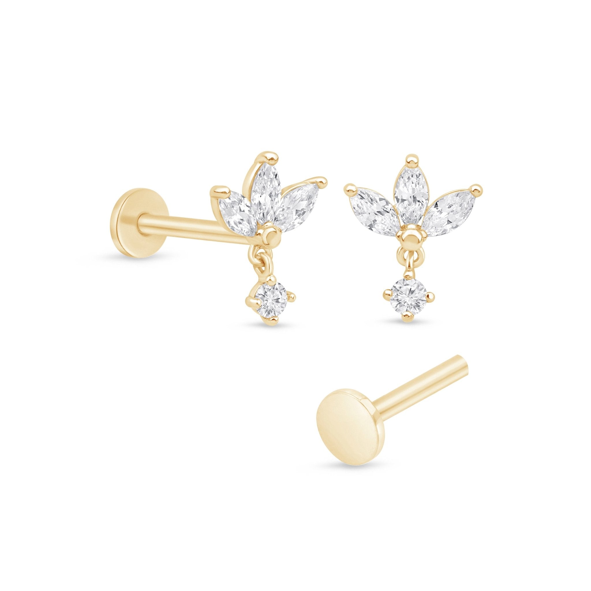 Triple Marquise Gemstone Drop Flat Back Stud in Solid 14k Yellow Gold