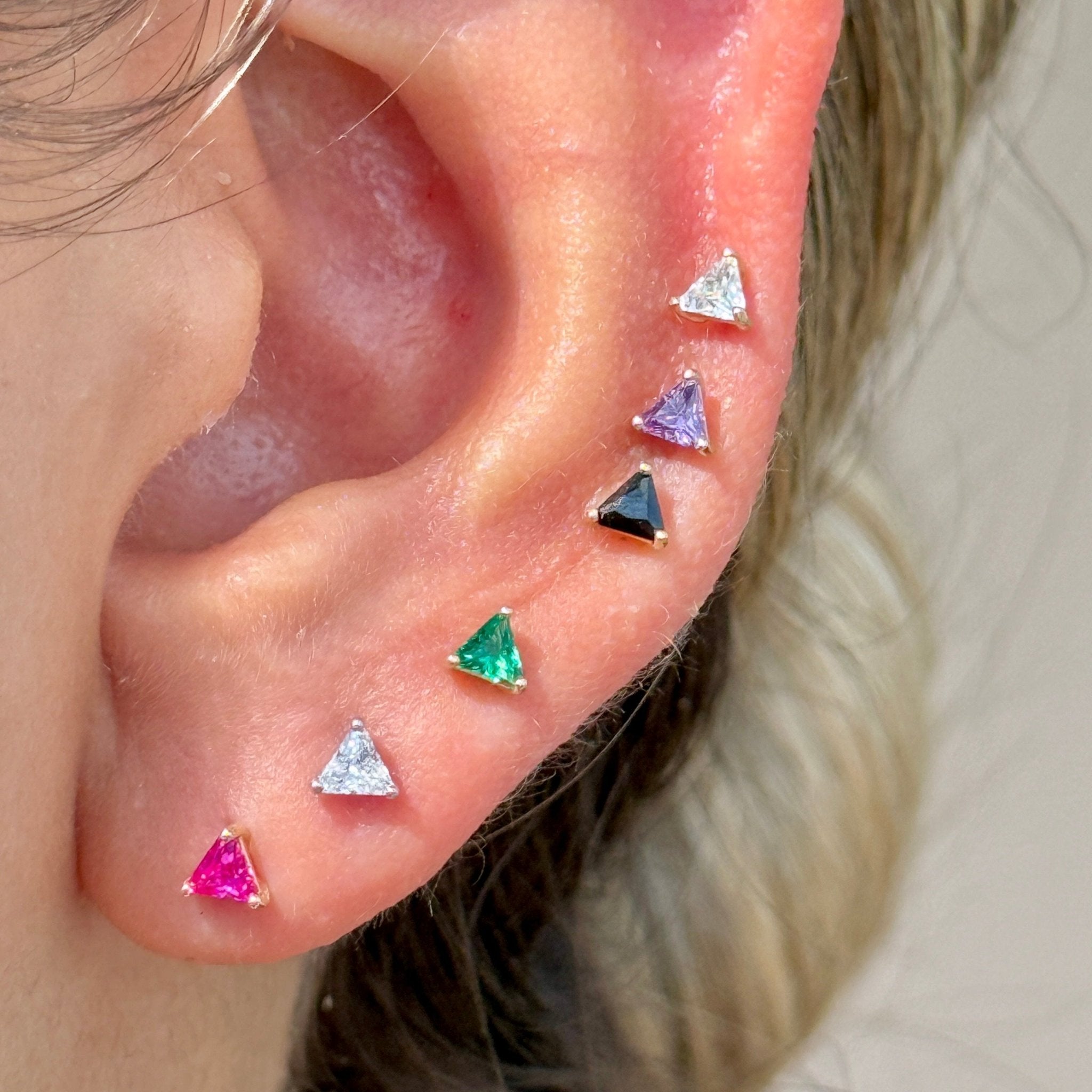 Triangle Cut Emerald Flat Back Stud in Solid 14k Yellow Gold