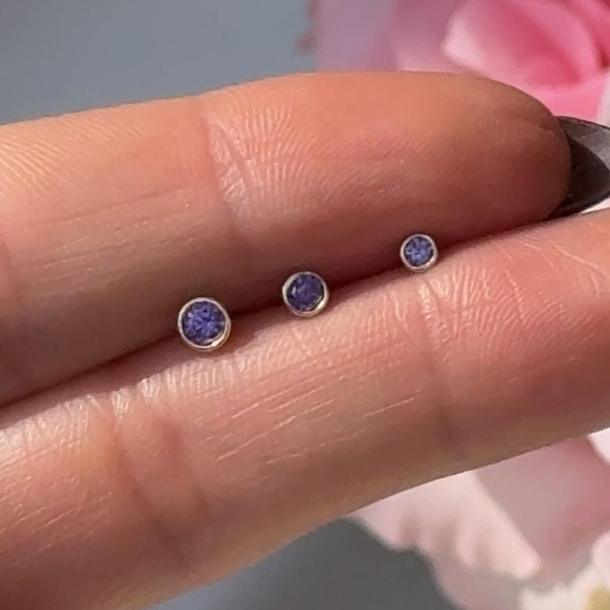 Round Amethyst Flat Back Stud Bezel Set in Solid 14k Yellow Gold