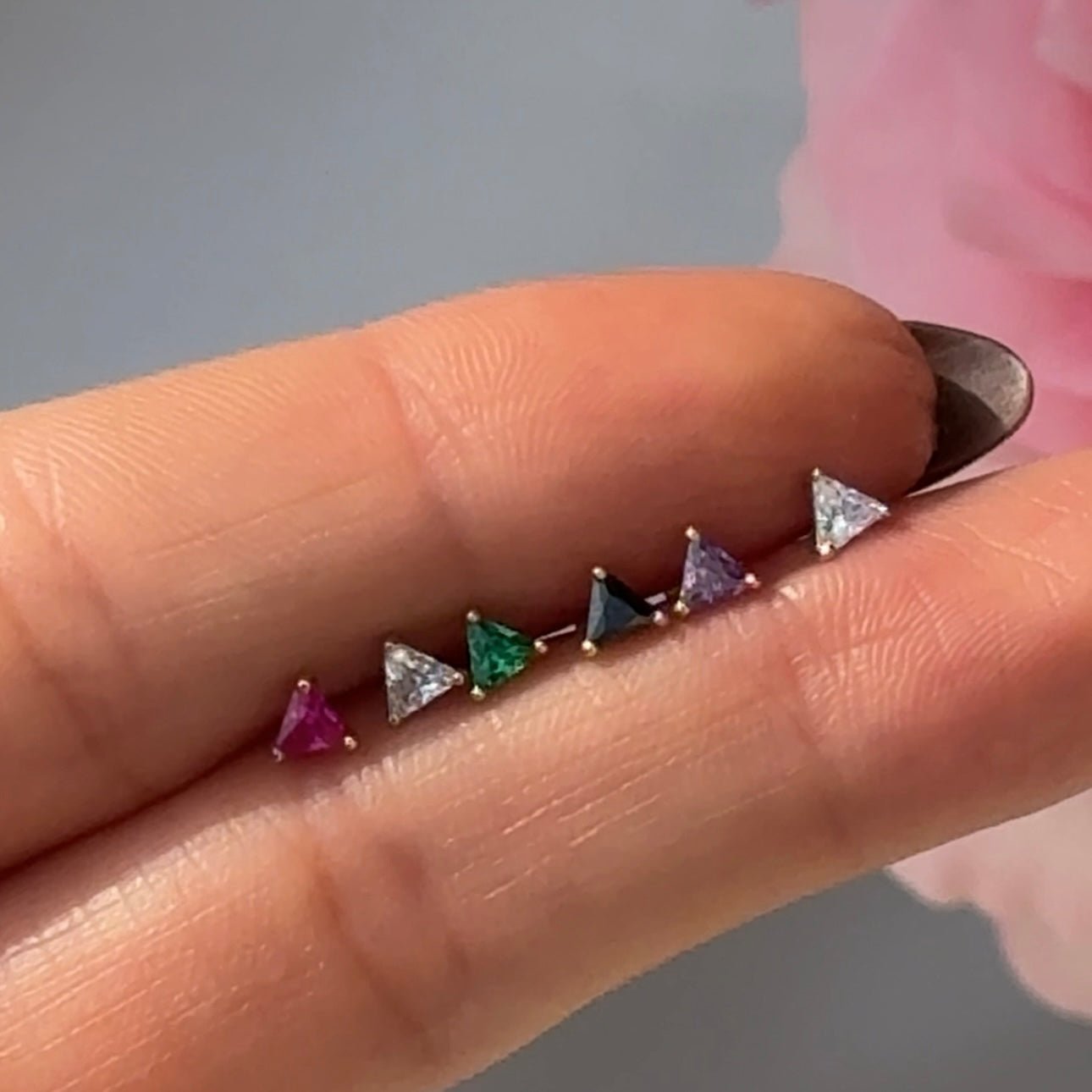 Triangle Cut Gemstone Flat Back Stud in Solid 14k Yellow Gold