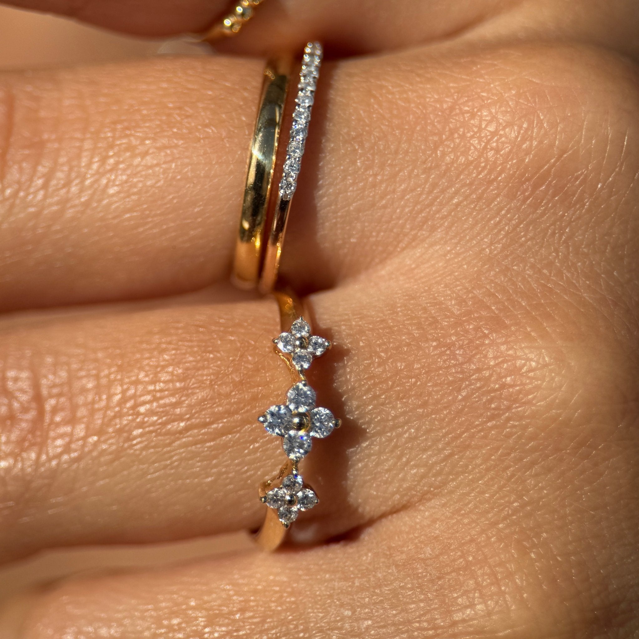 Three Flower Diamond Ring in Solid 14k Yellow Gold