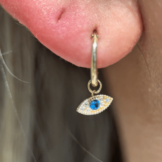 Hoop with Blue Topaz Evil Eye Charm in Solid 14k Yellow Gold
