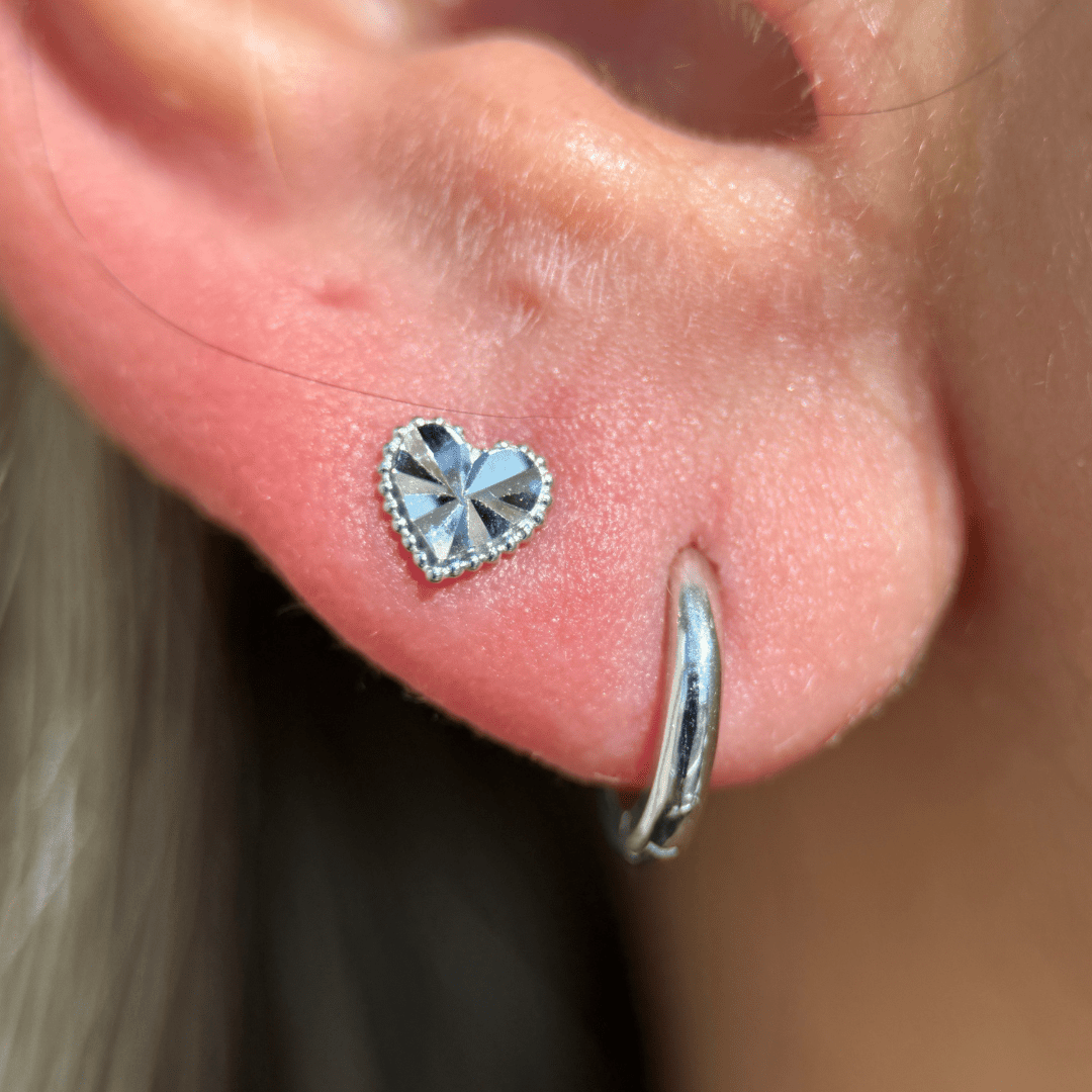 Diamond Cut Solid 14k White Gold Heart Flat Back Stud