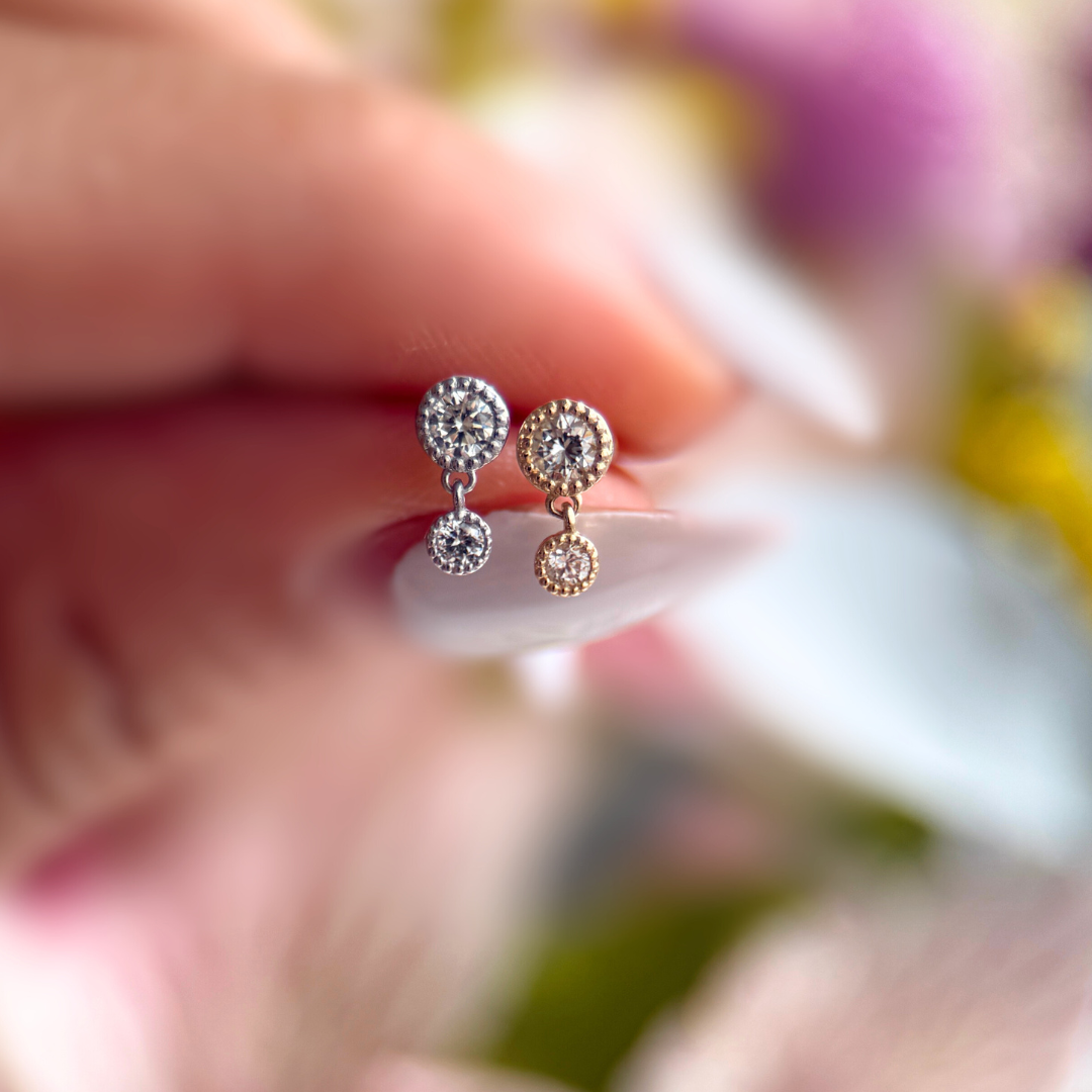 Double Diamond Drop Flat Back Stud in Solid 14k White Gold
