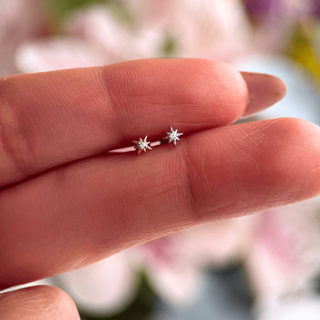 Gemstone Starburst Flat Back Stud in Solid 14k White Gold