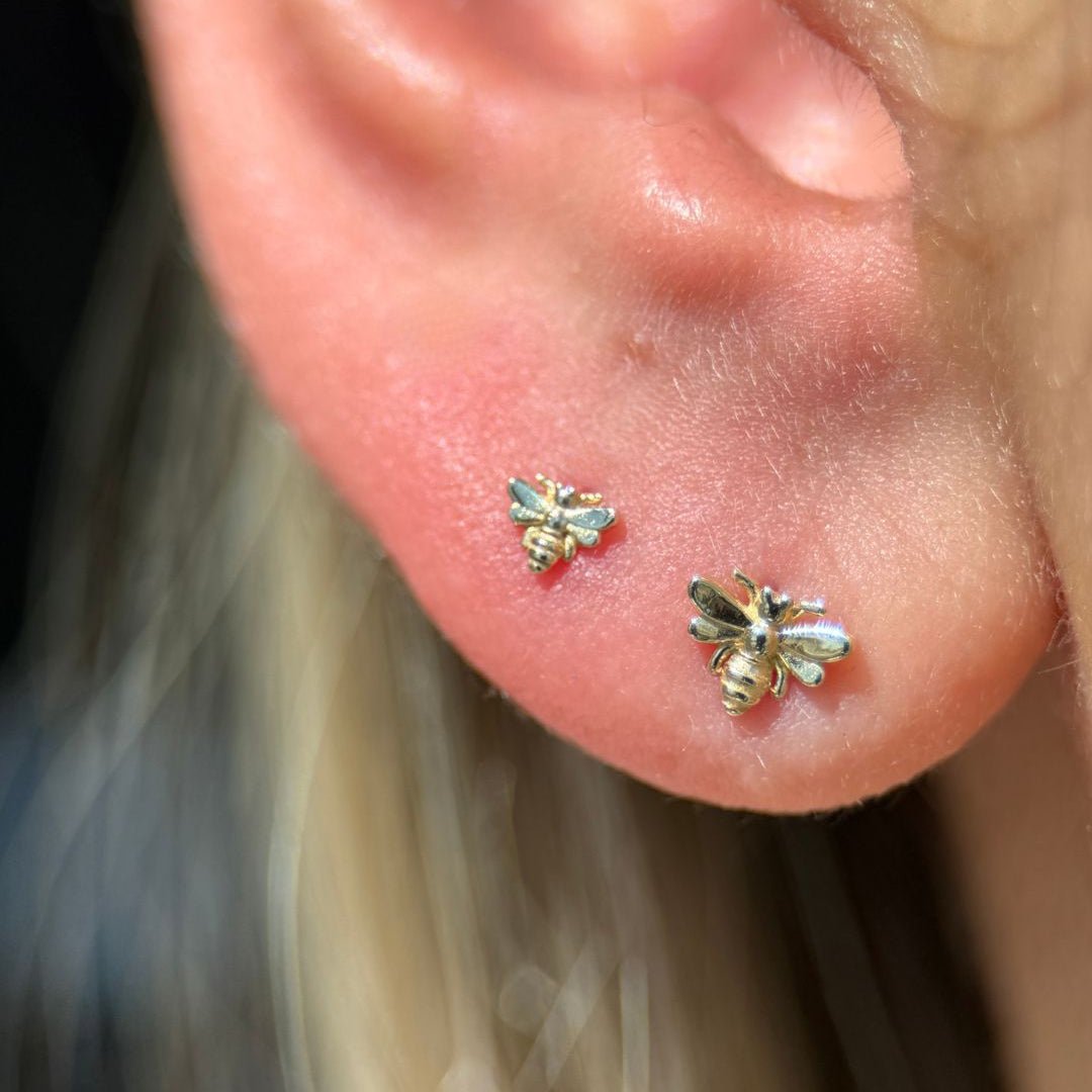 Minimalist Bee Flat Back Stud in Solid 14k Yellow Gold