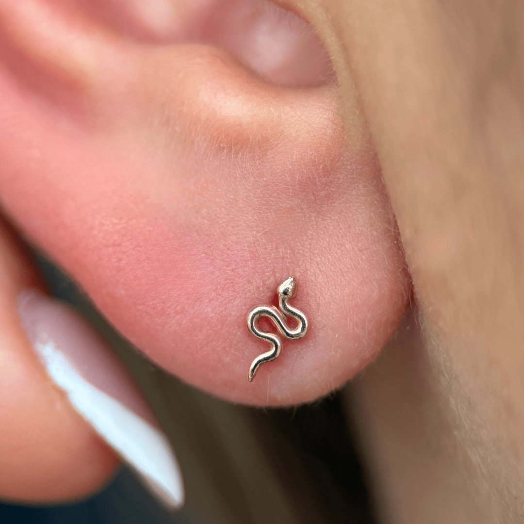 Snake Flat Back Stud in Solid 14k Yellow Gold