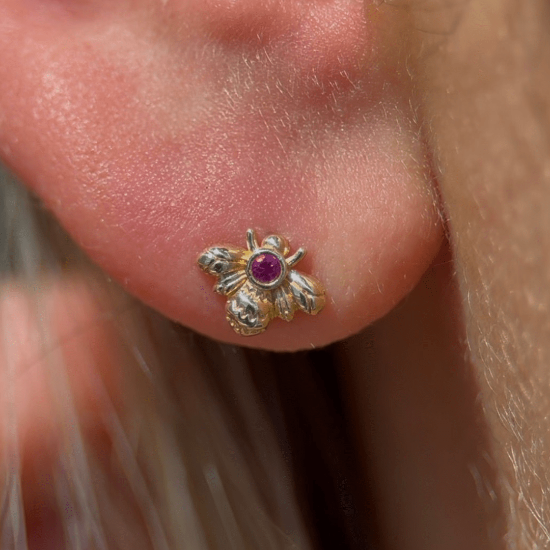 Pink Ruby Bee Flat Back Stud in Solid 14k Yellow Gold