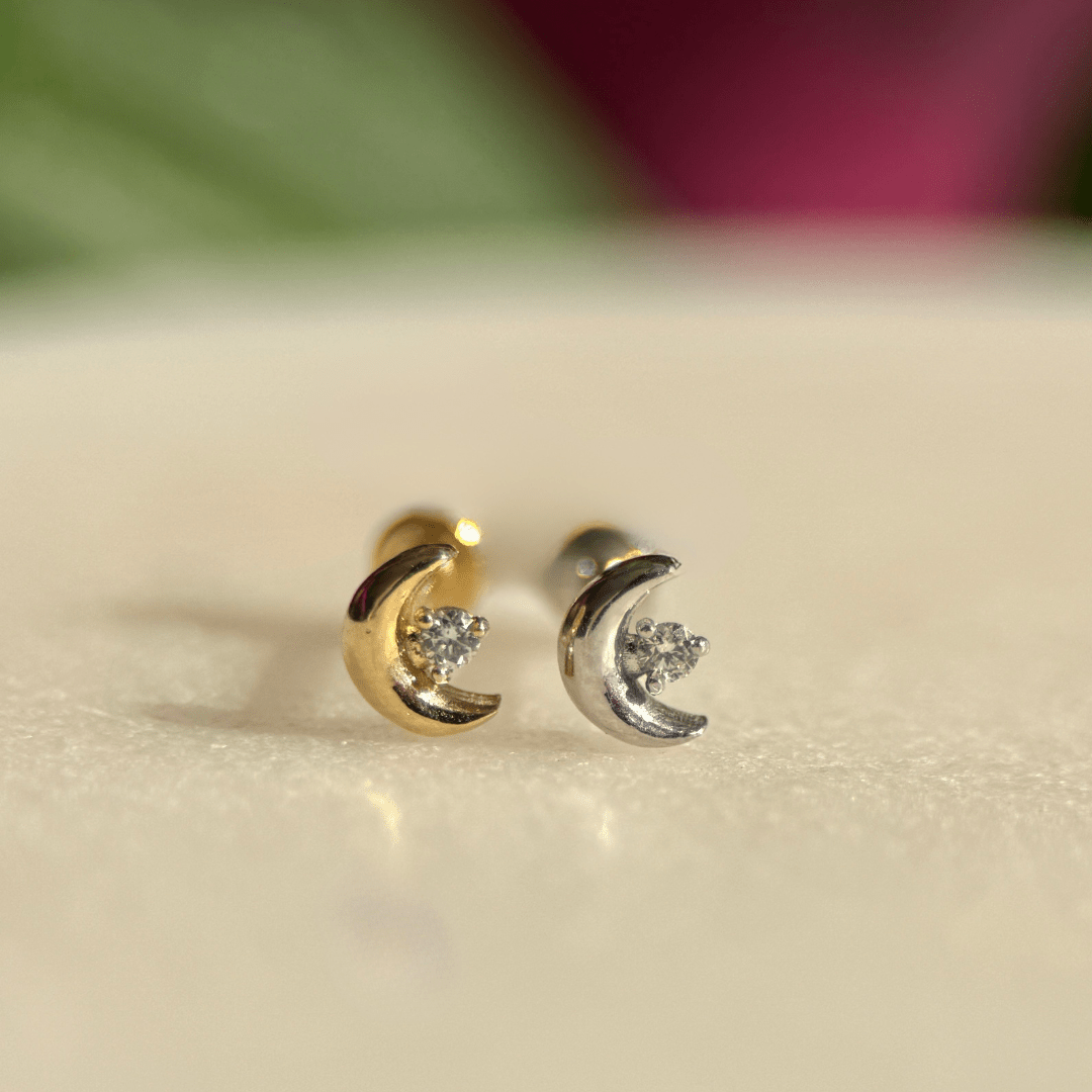 Diamond Crescent Moon Flat Back Stud in Solid 14k Yellow Gold