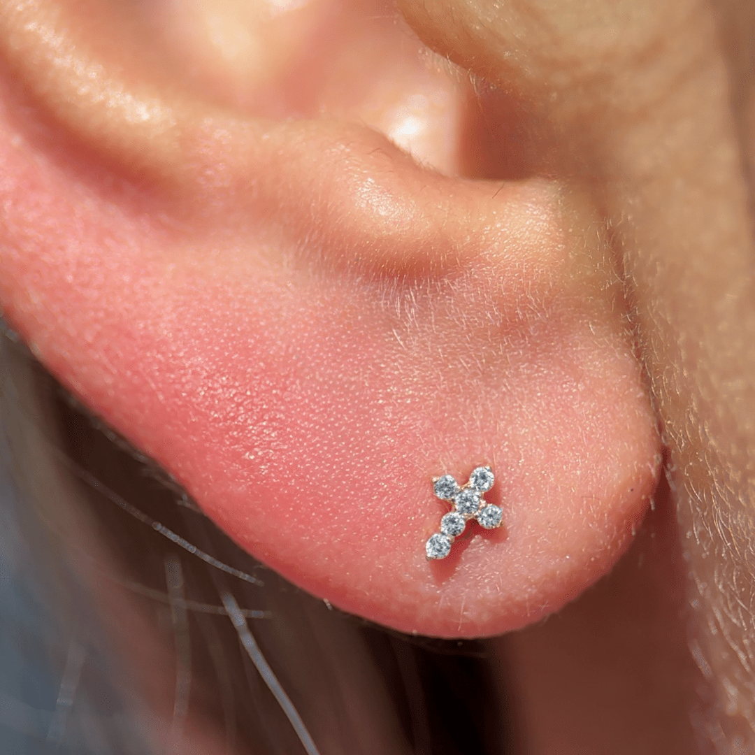 Diamond Pavé Studded Cross Flat Back Stud in Solid 14k Yellow Gold